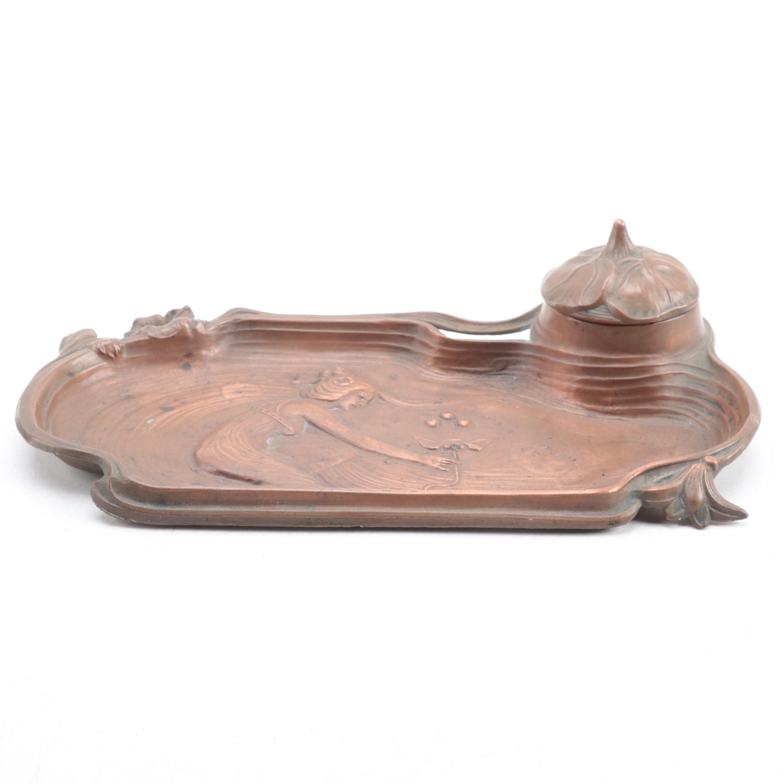 Art Nouveau Spelter Inkwell with Copper Patination Finish, Early 20th Century