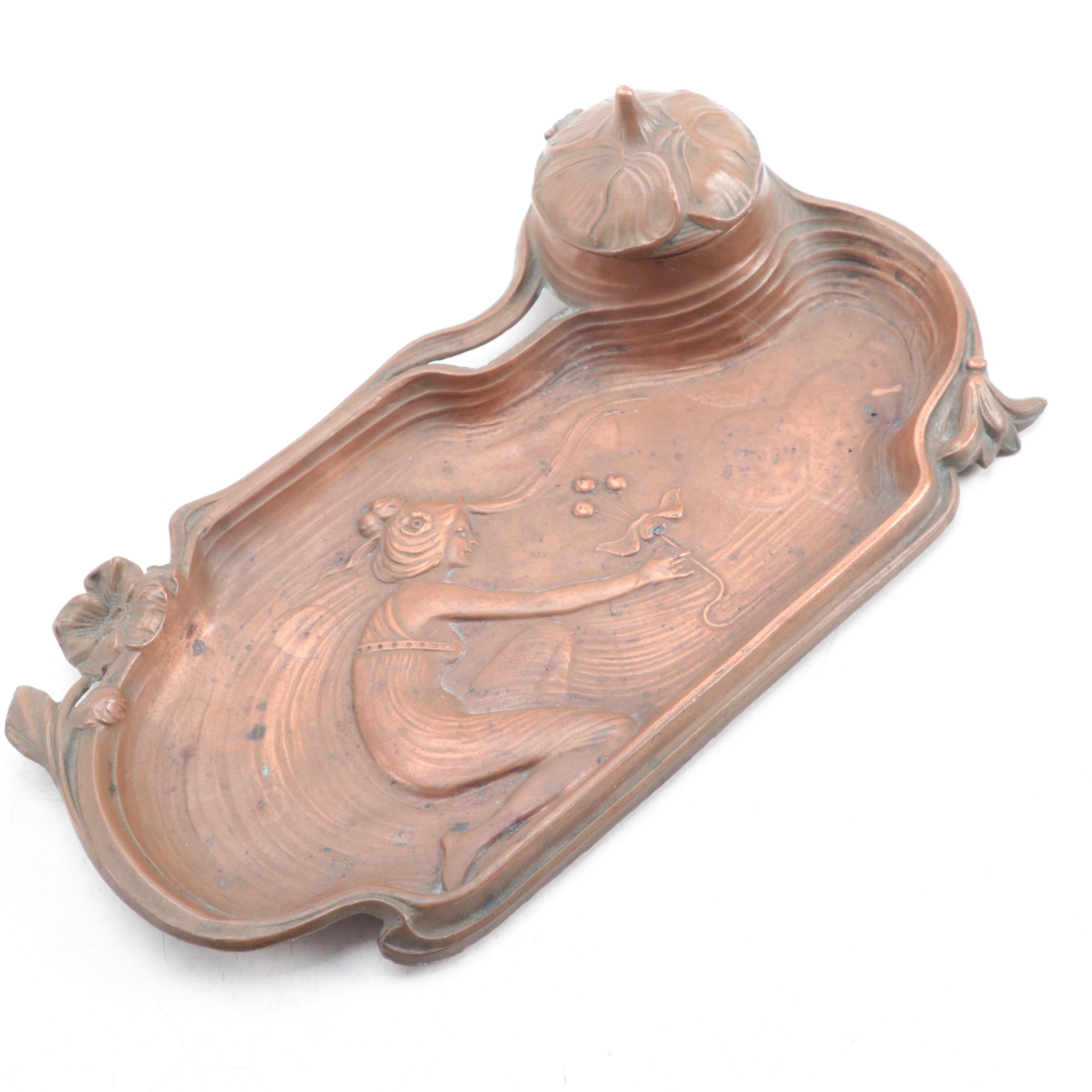 Art Nouveau Spelter Inkwell with Copper Patination Finish, Early 20th Century