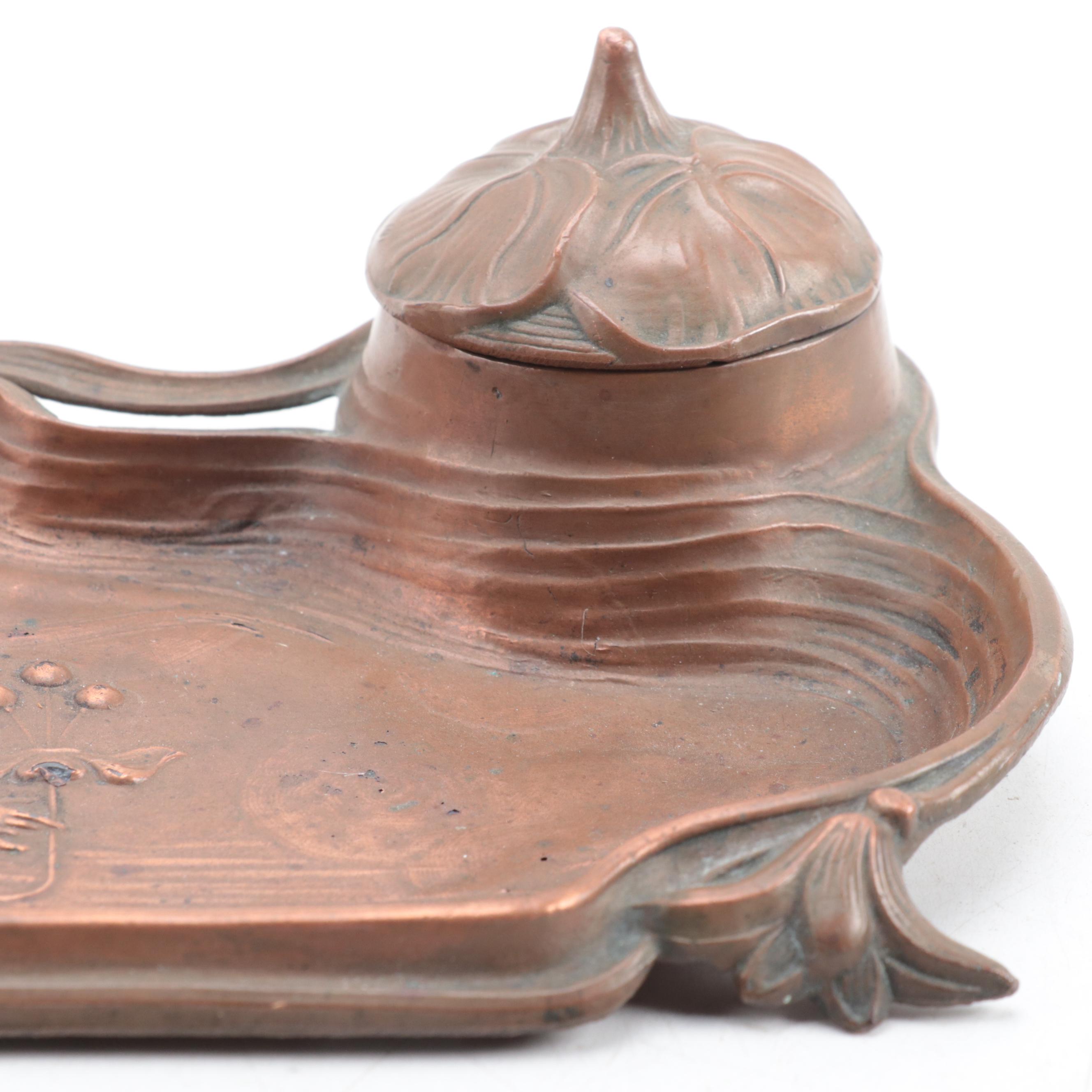 Art Nouveau Spelter Inkwell with Copper Patination Finish, Early 20th Century