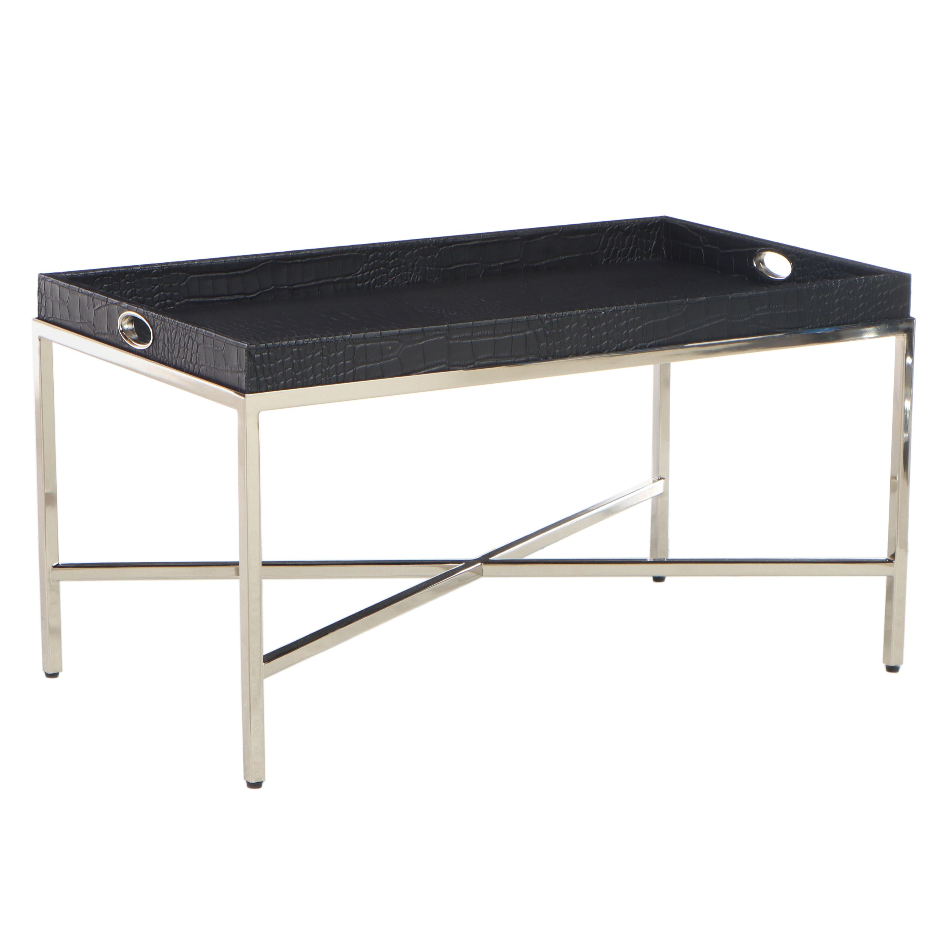 Ethan Allen Faux Alligator and Chrome Tray-Top Cocktail Table