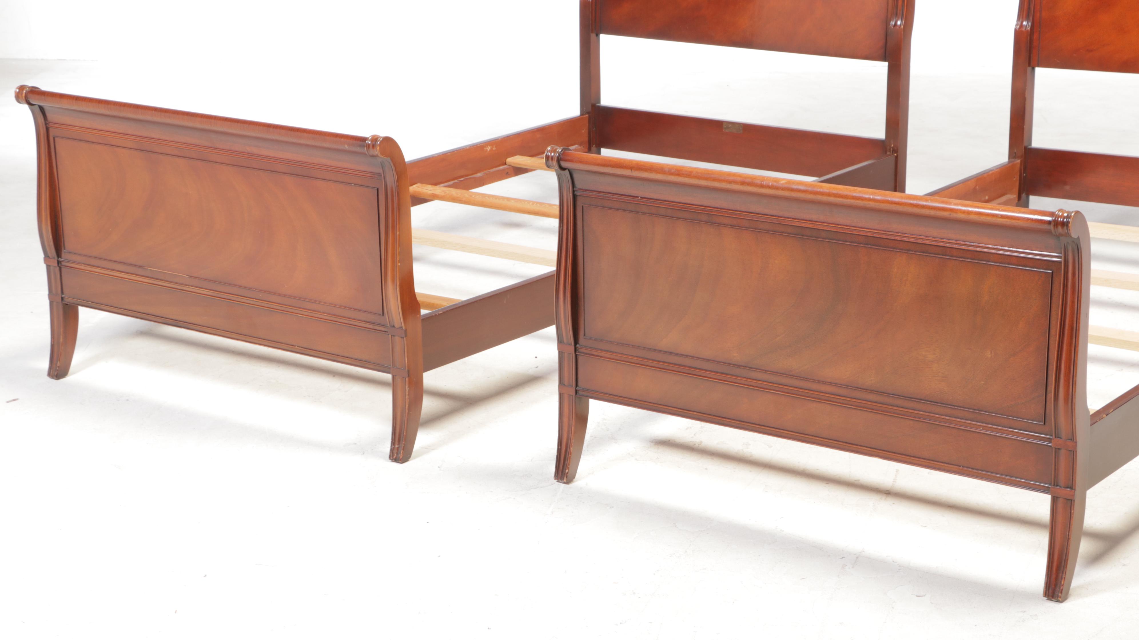Pair of Fallon & Hellen of Baltimore Mahogany Twin Size Sleigh Beds, circa 1940