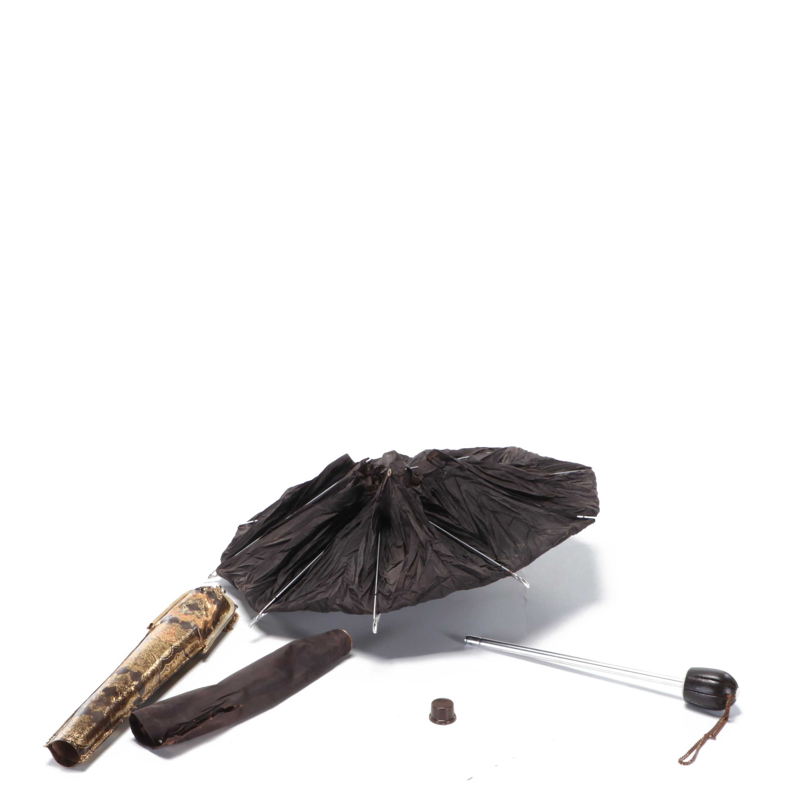 Vintage Umbrella in Embossed Leather Case with Embellished Kiss Lock Clasp