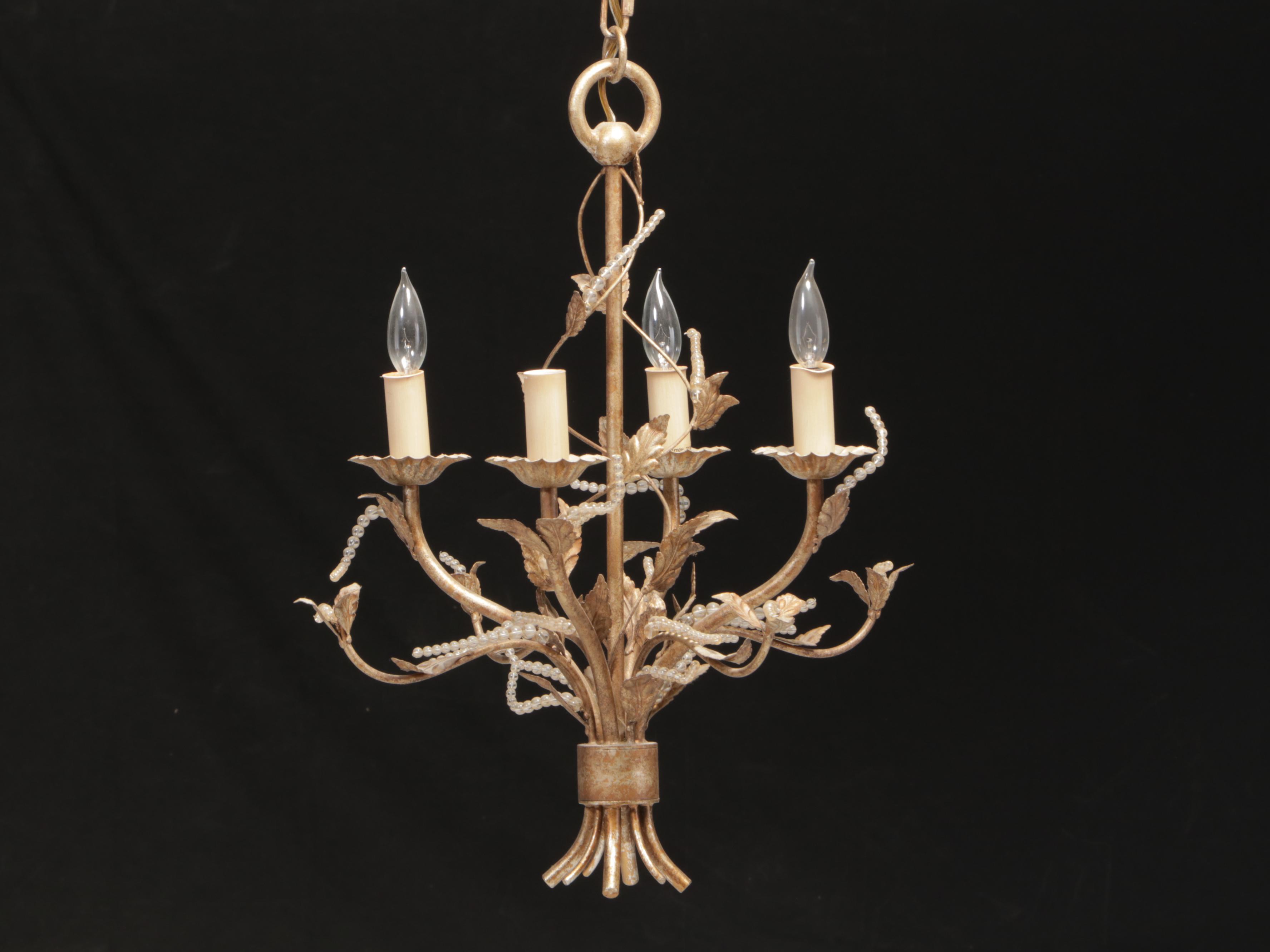 Italianate Style Patinated Metal Four-Light Chandelier with Beaded Accents