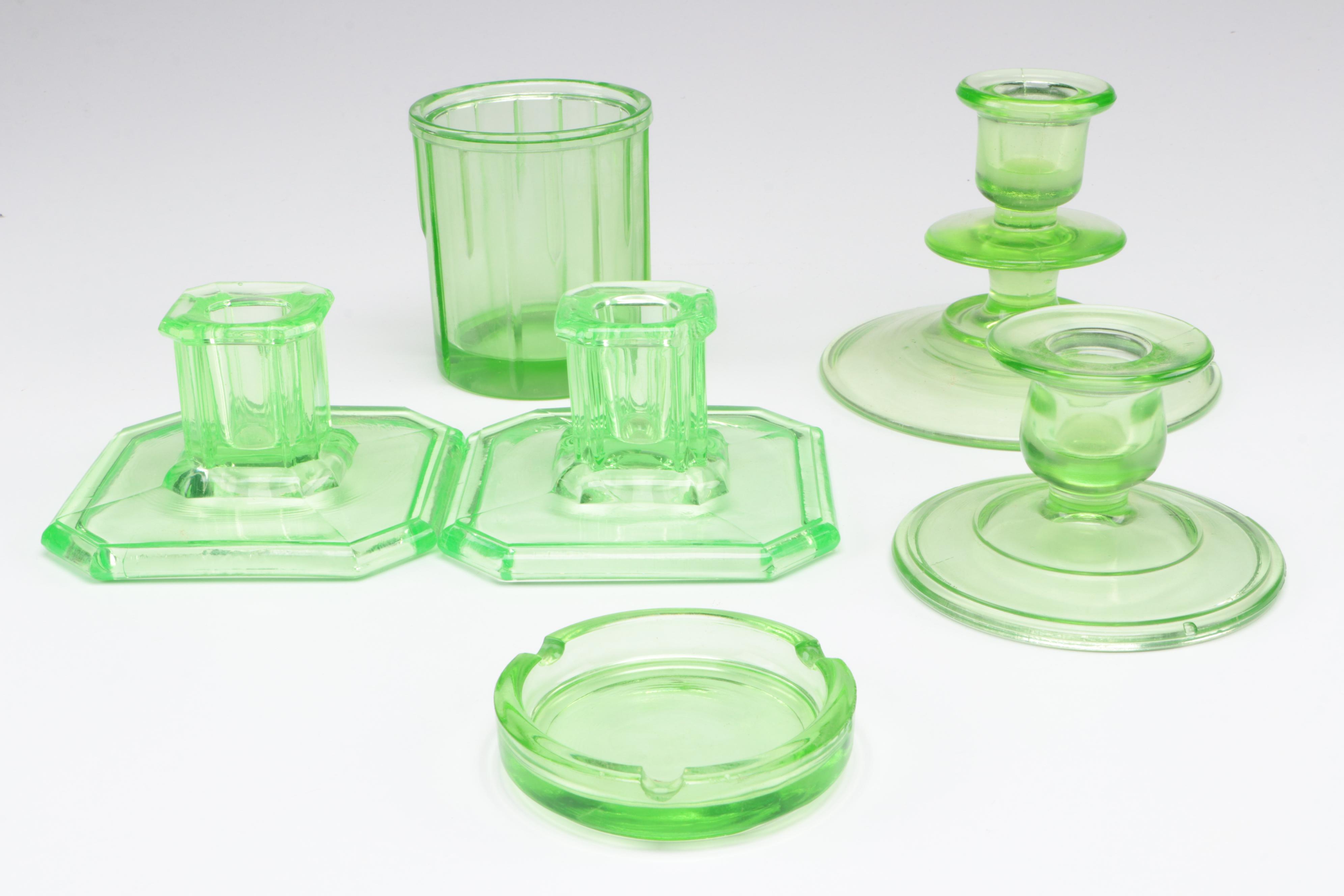 Hazel Atlas with Other Uranium and Clear Glass Canisters and Tableware