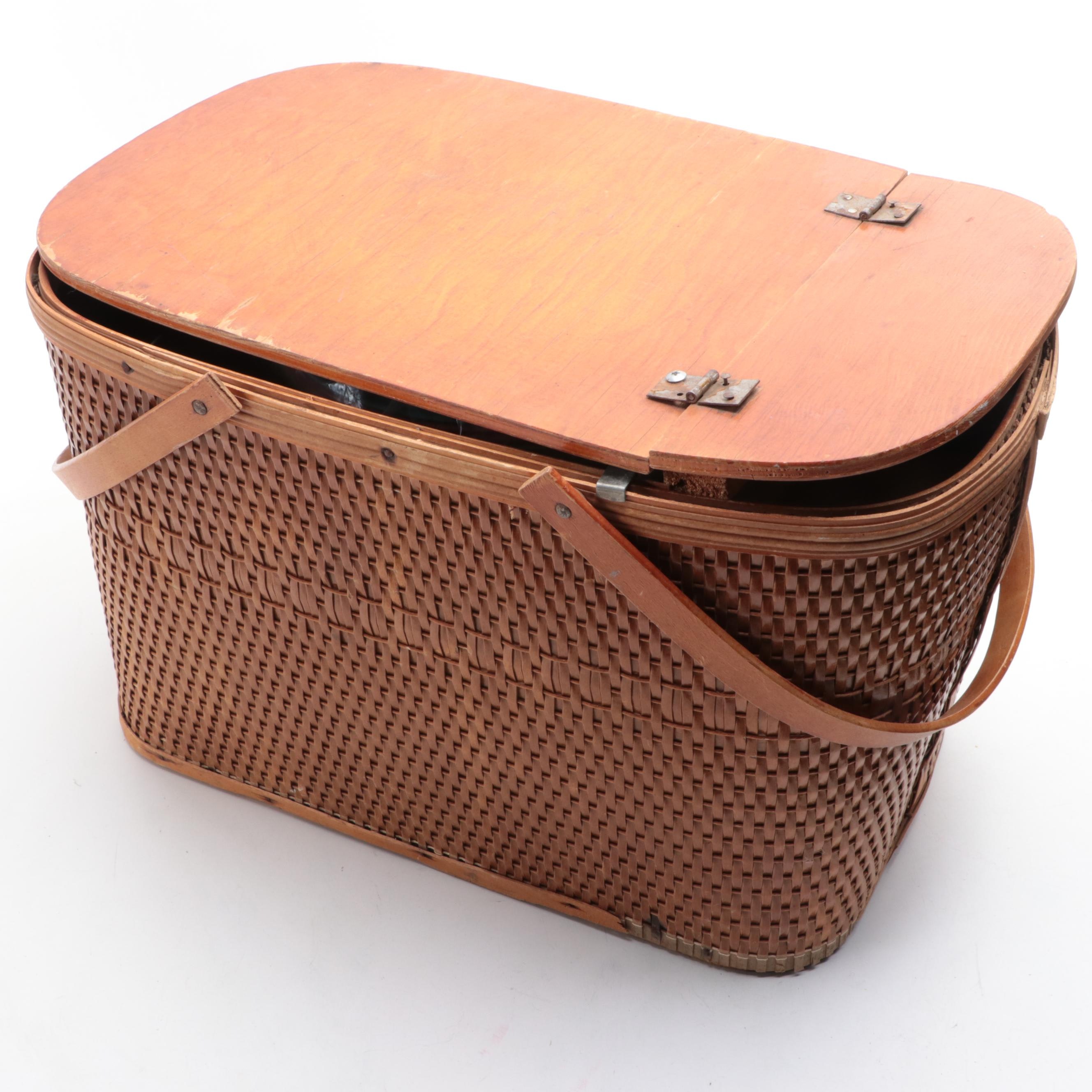 Woven Split Wood Picnic Basket with Gothamware Plastic Plates and Cups