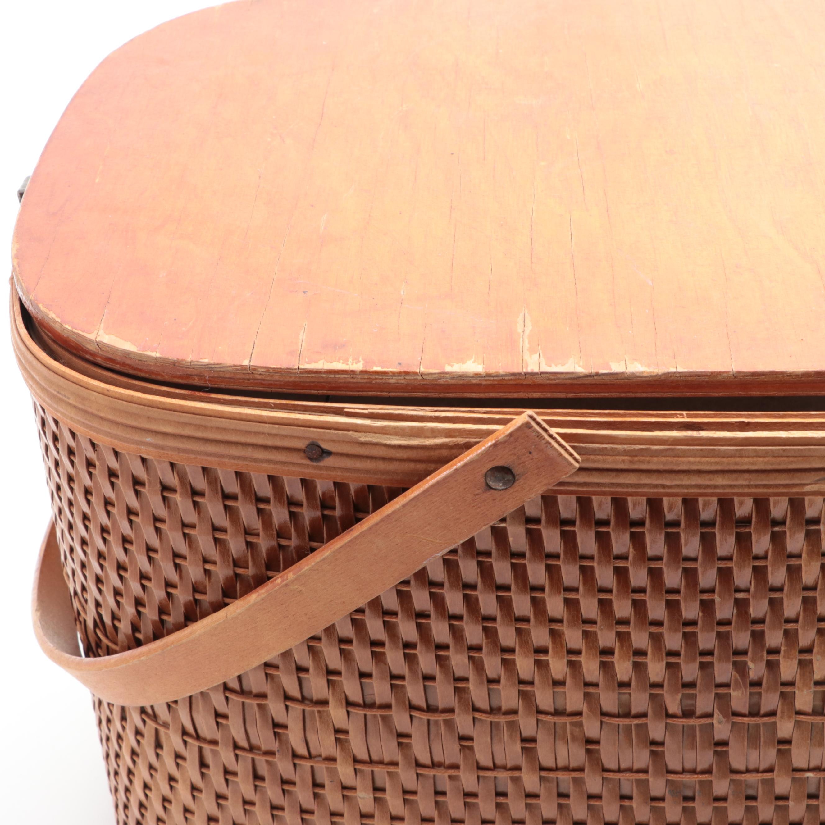 Woven Split Wood Picnic Basket with Gothamware Plastic Plates and Cups