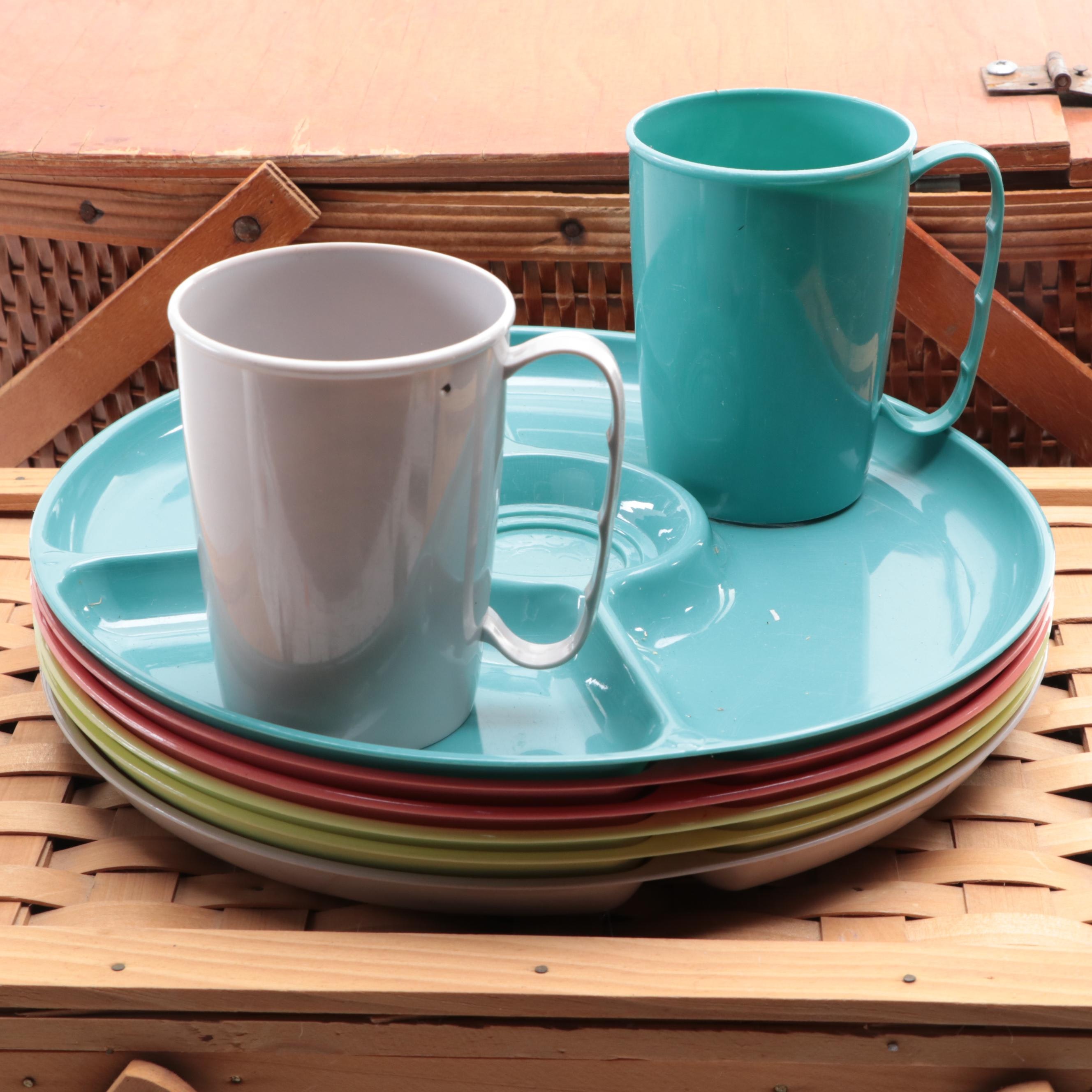 Woven Split Wood Picnic Basket with Gothamware Plastic Plates and Cups