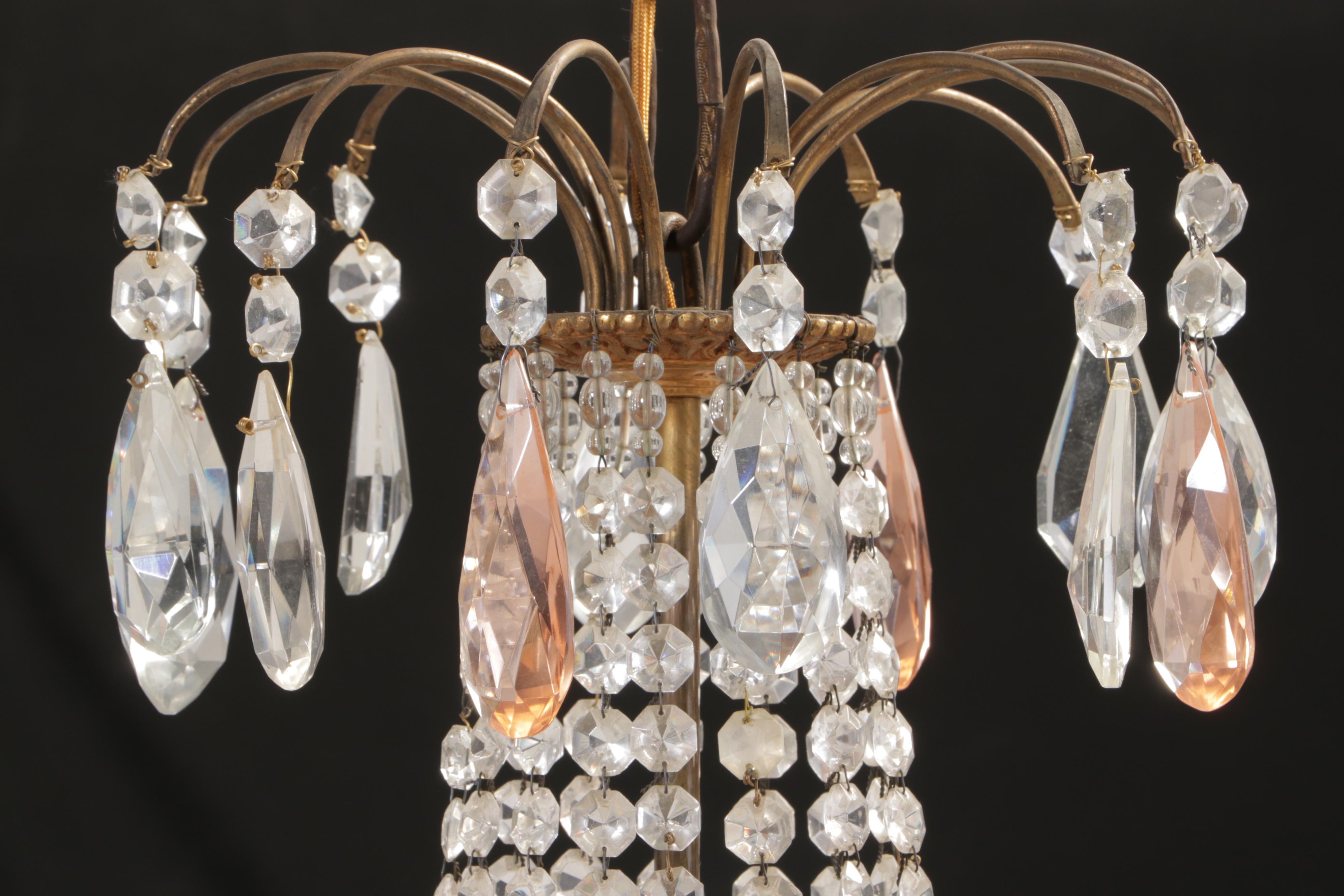 Empire Style Gilt Brass Eight-Arm Glass Bead Chandelier with Crystal Prisms