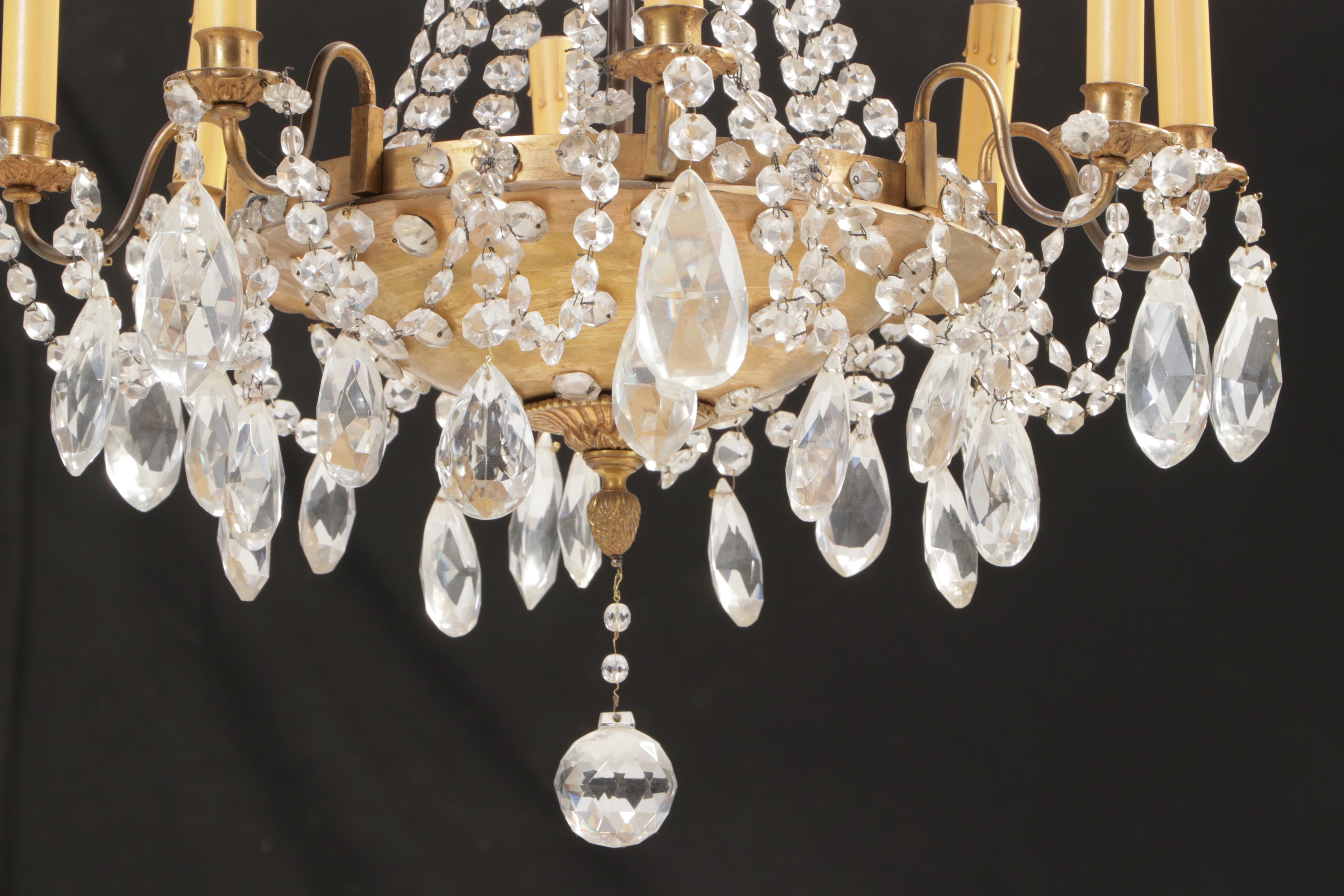 Empire Style Gilt Brass Eight-Arm Glass Bead Chandelier with Crystal Prisms