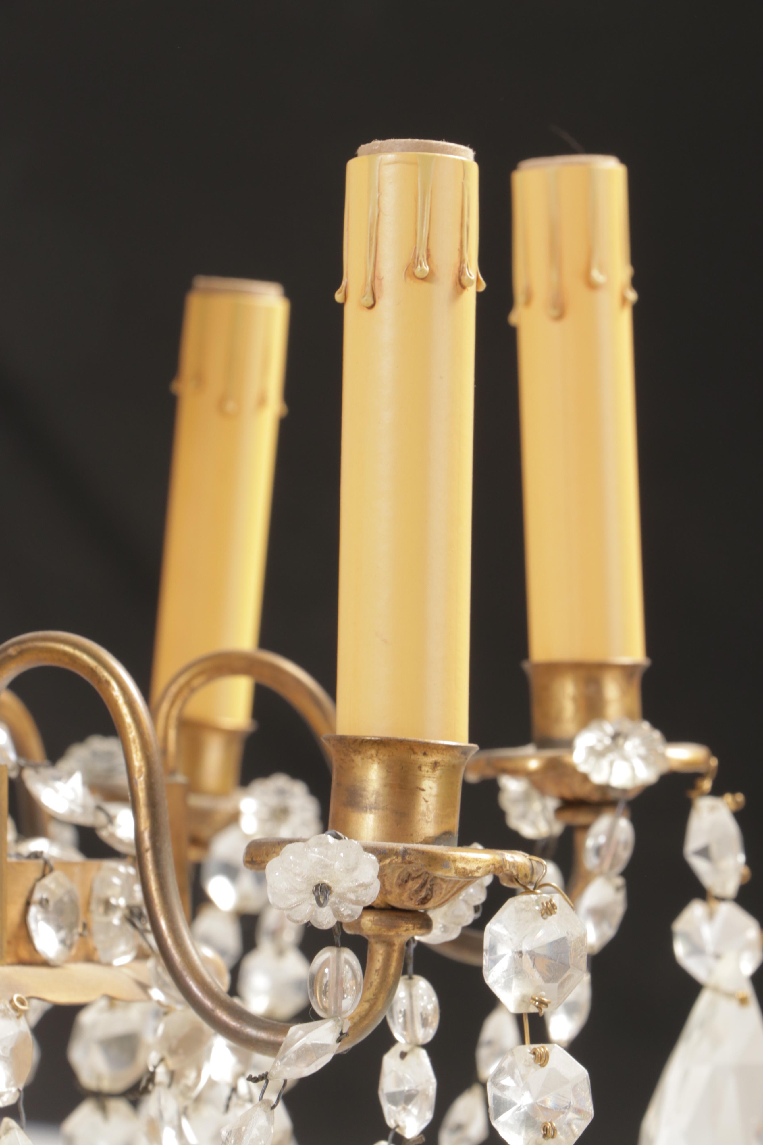 Empire Style Gilt Brass Eight-Arm Glass Bead Chandelier with Crystal Prisms