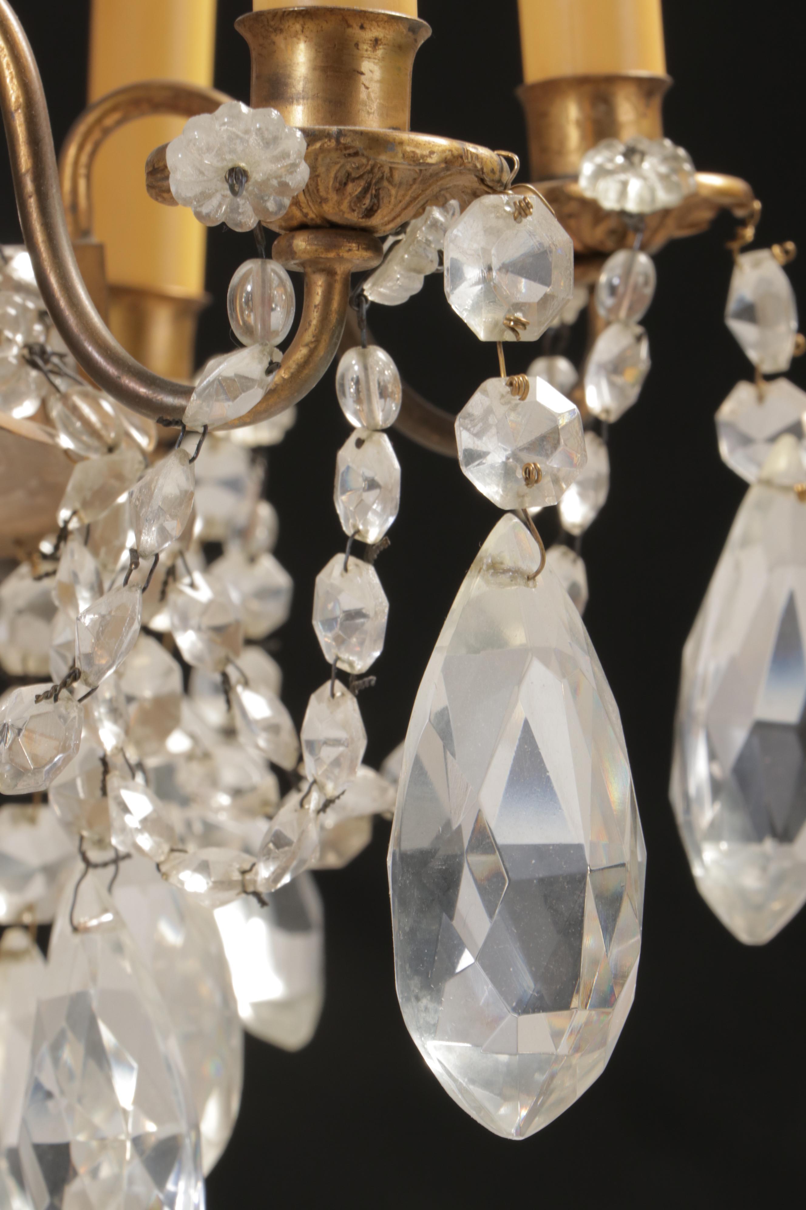 Empire Style Gilt Brass Eight-Arm Glass Bead Chandelier with Crystal Prisms