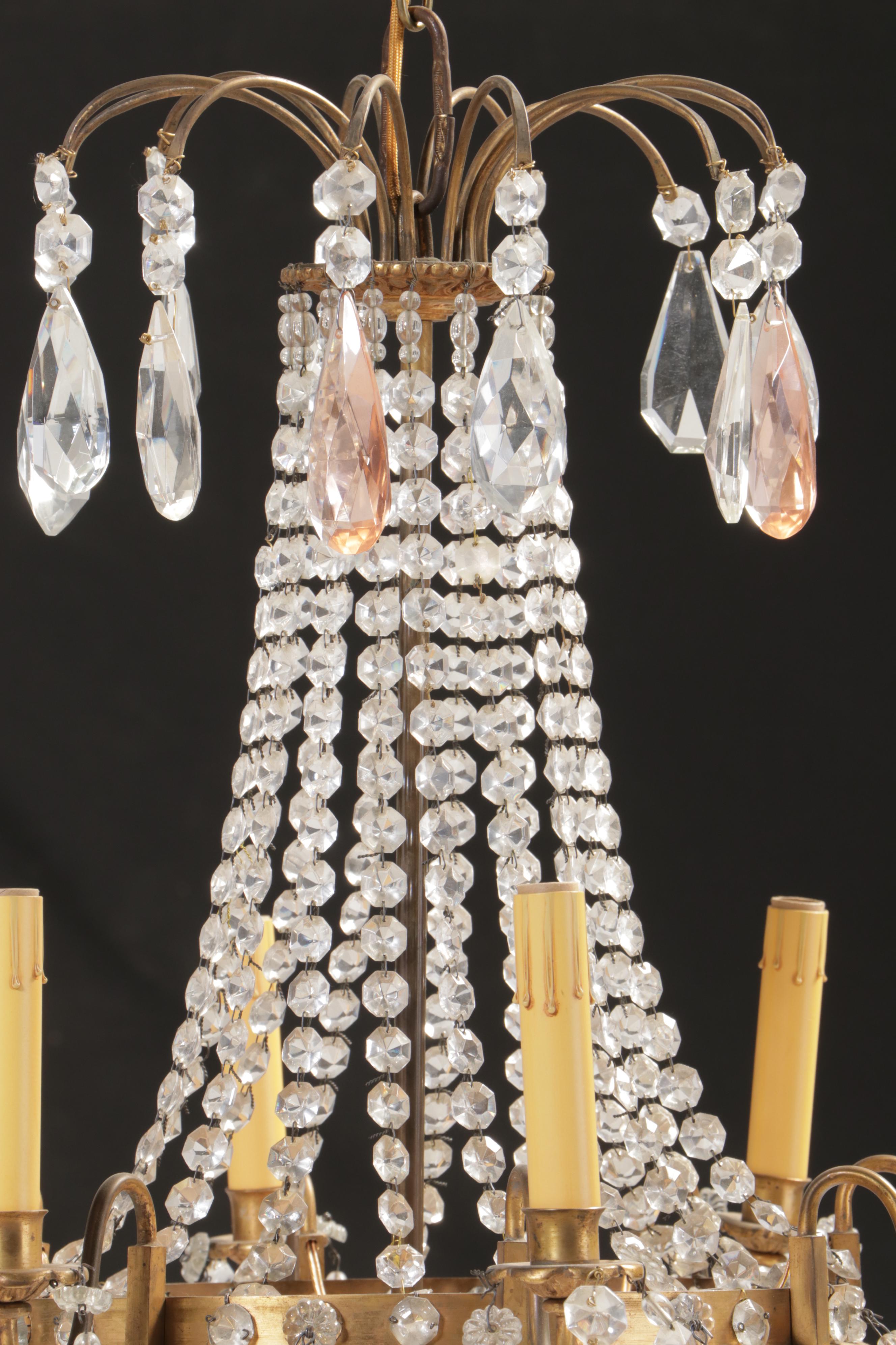 Empire Style Gilt Brass Eight-Arm Glass Bead Chandelier with Crystal Prisms