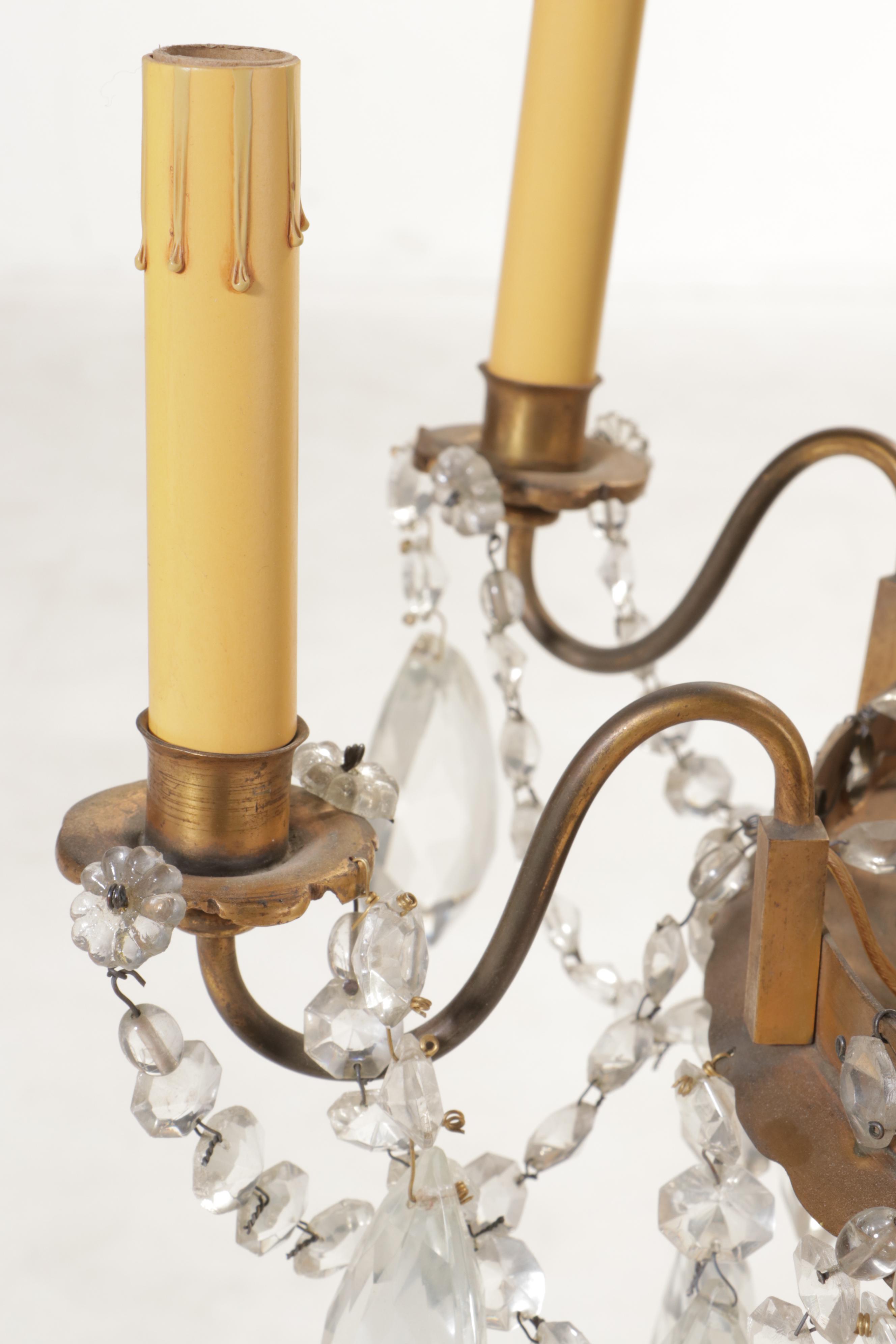 Empire Style Gilt Brass Eight-Arm Glass Bead Chandelier with Crystal Prisms