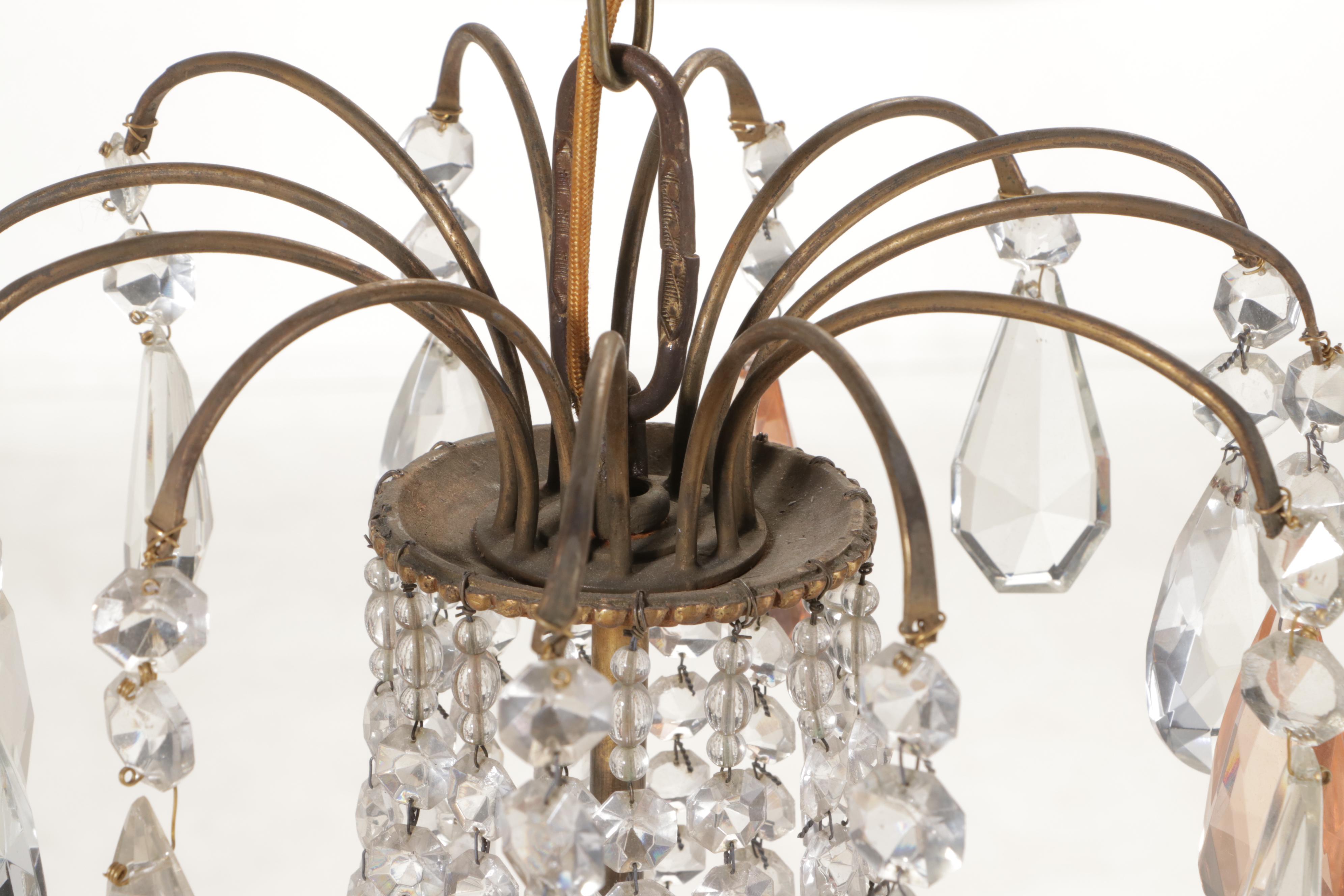 Empire Style Gilt Brass Eight-Arm Glass Bead Chandelier with Crystal Prisms