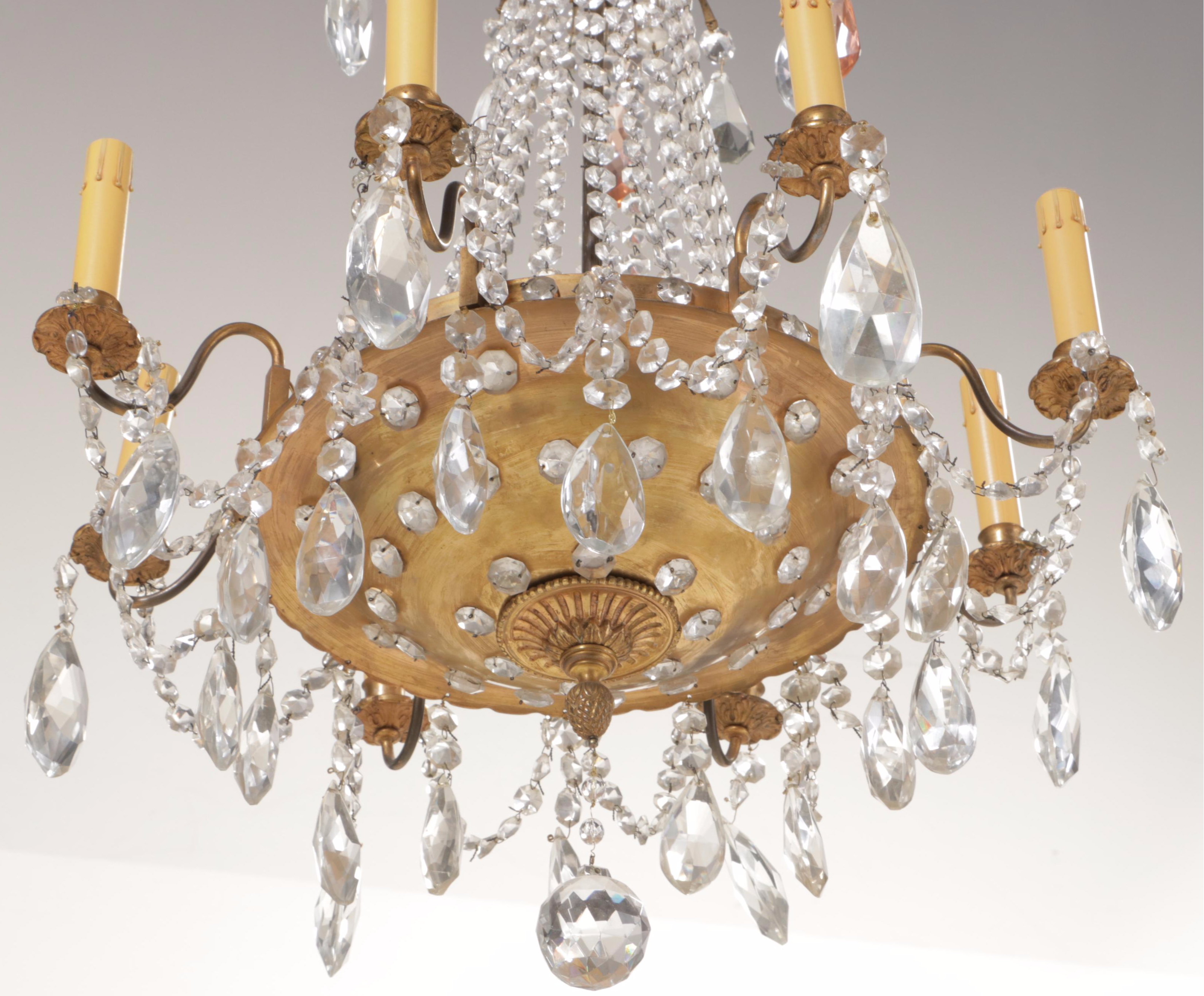 Empire Style Gilt Brass Eight-Arm Glass Bead Chandelier with Crystal Prisms