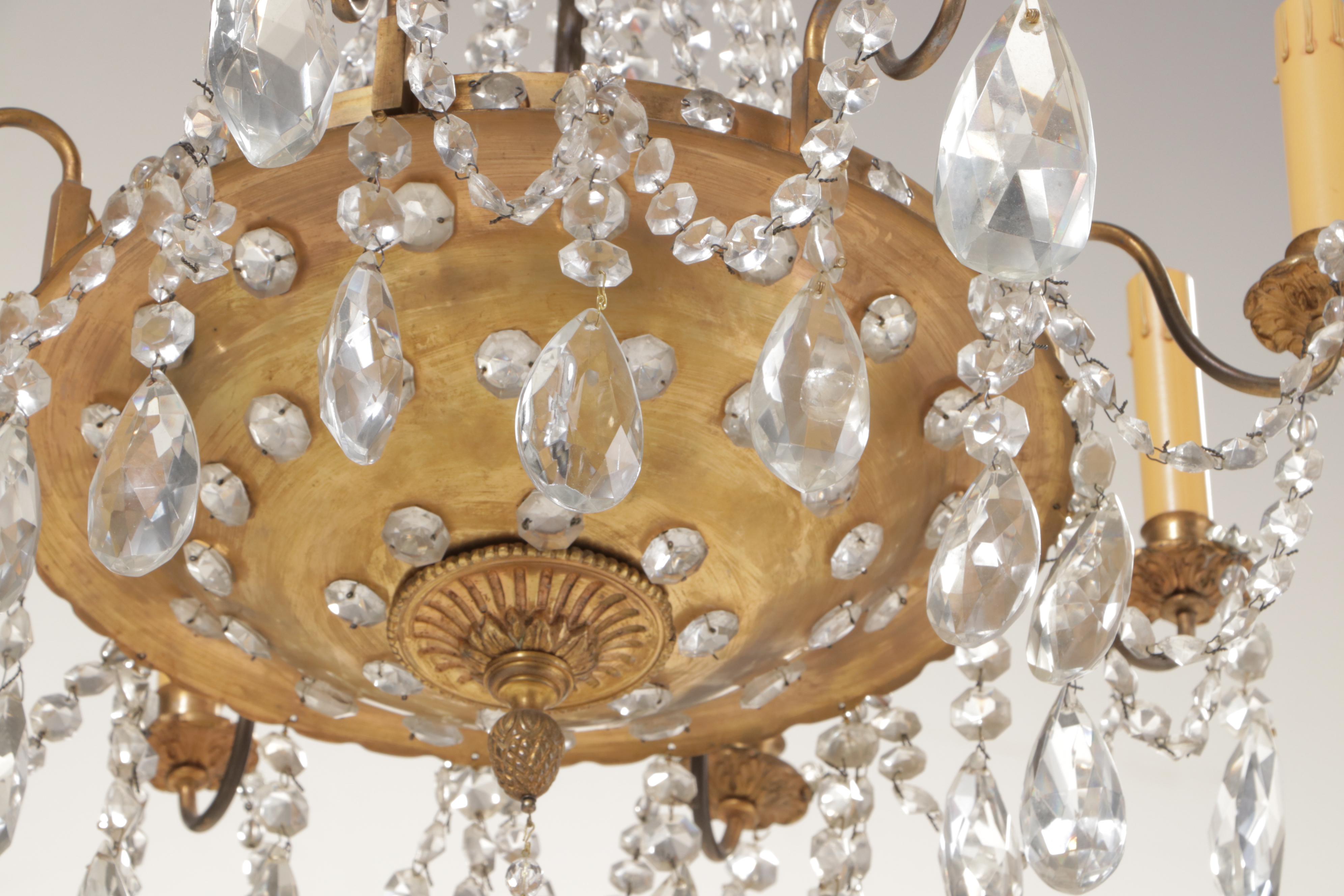 Empire Style Gilt Brass Eight-Arm Glass Bead Chandelier with Crystal Prisms
