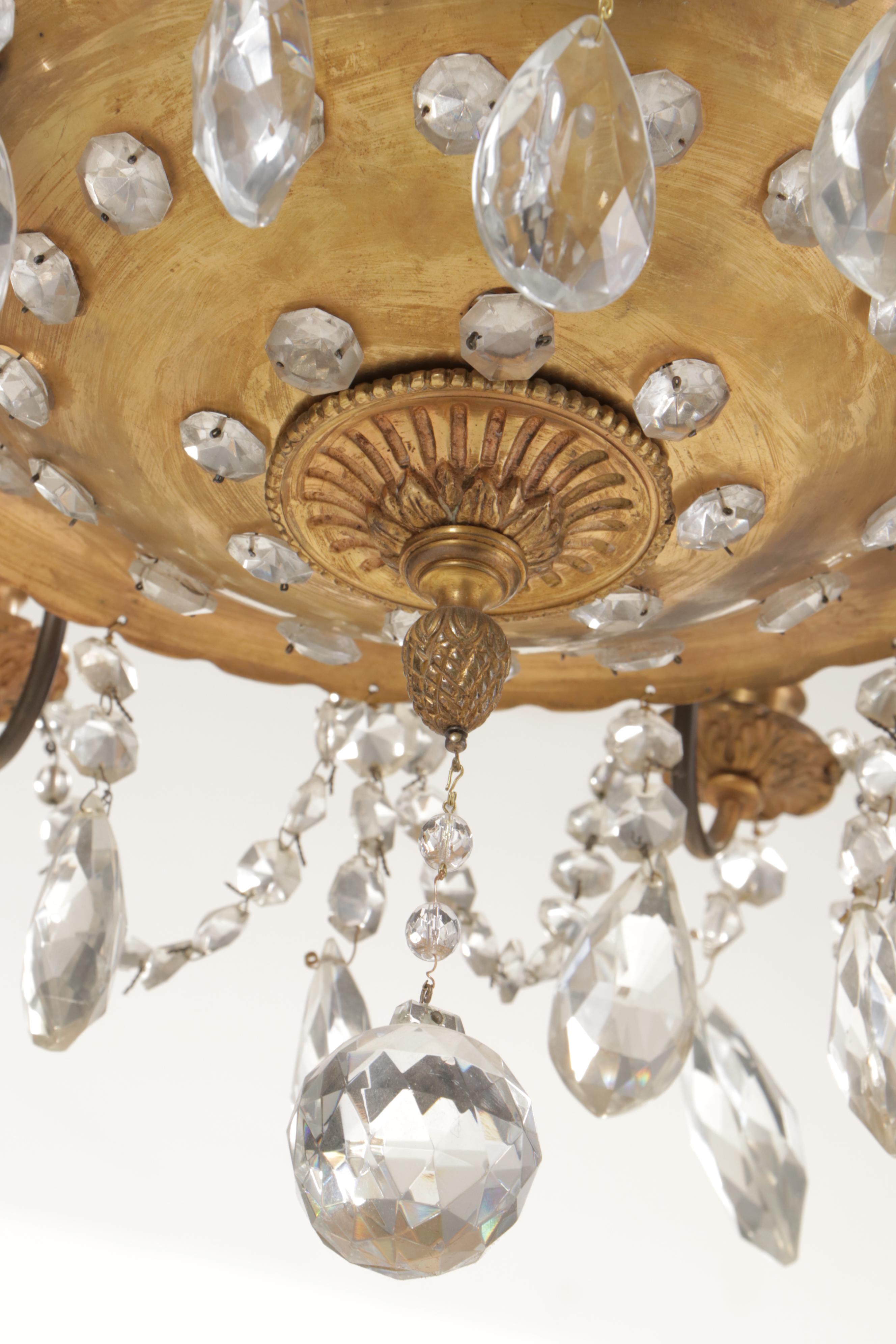 Empire Style Gilt Brass Eight-Arm Glass Bead Chandelier with Crystal Prisms