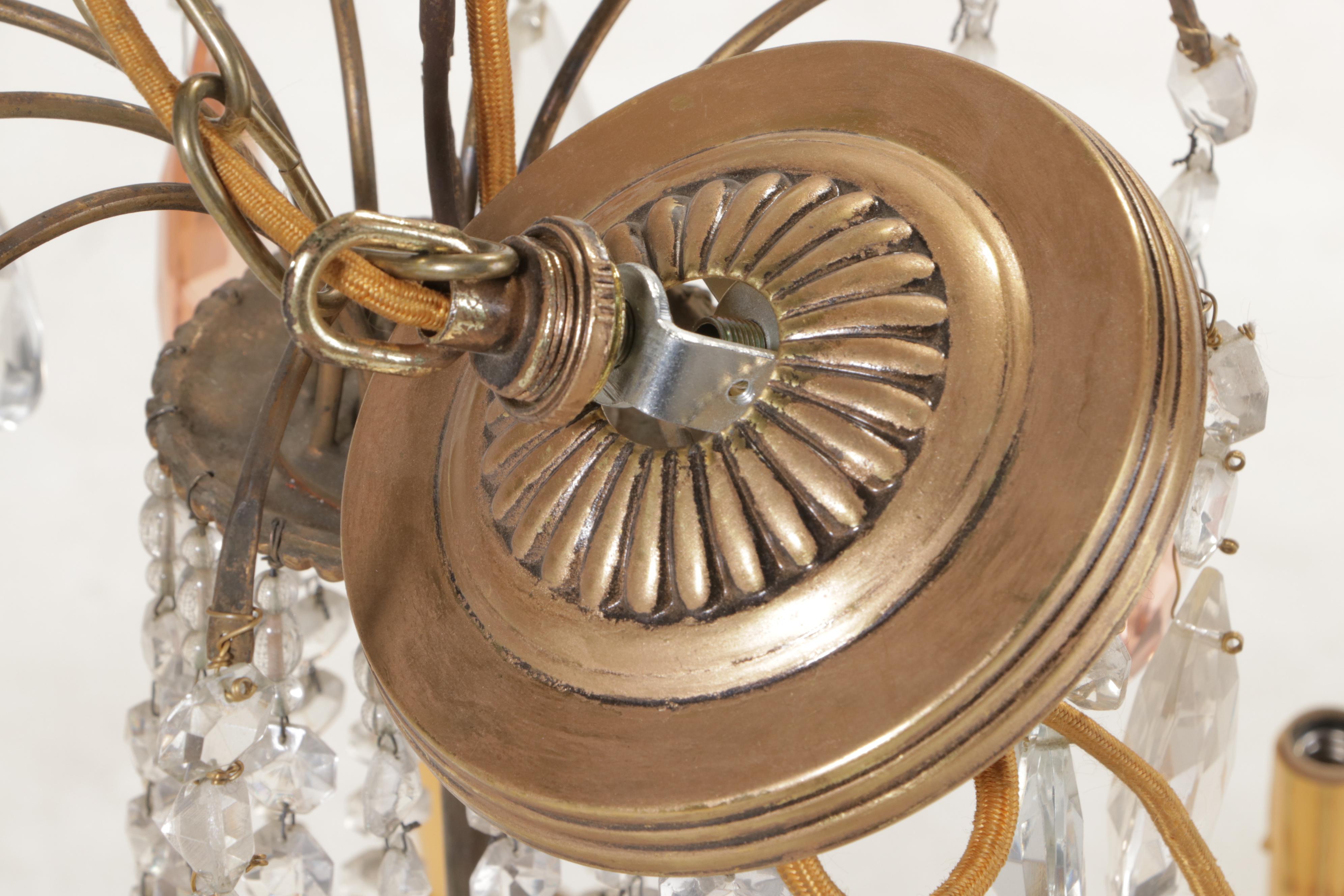 Empire Style Gilt Brass Eight-Arm Glass Bead Chandelier with Crystal Prisms