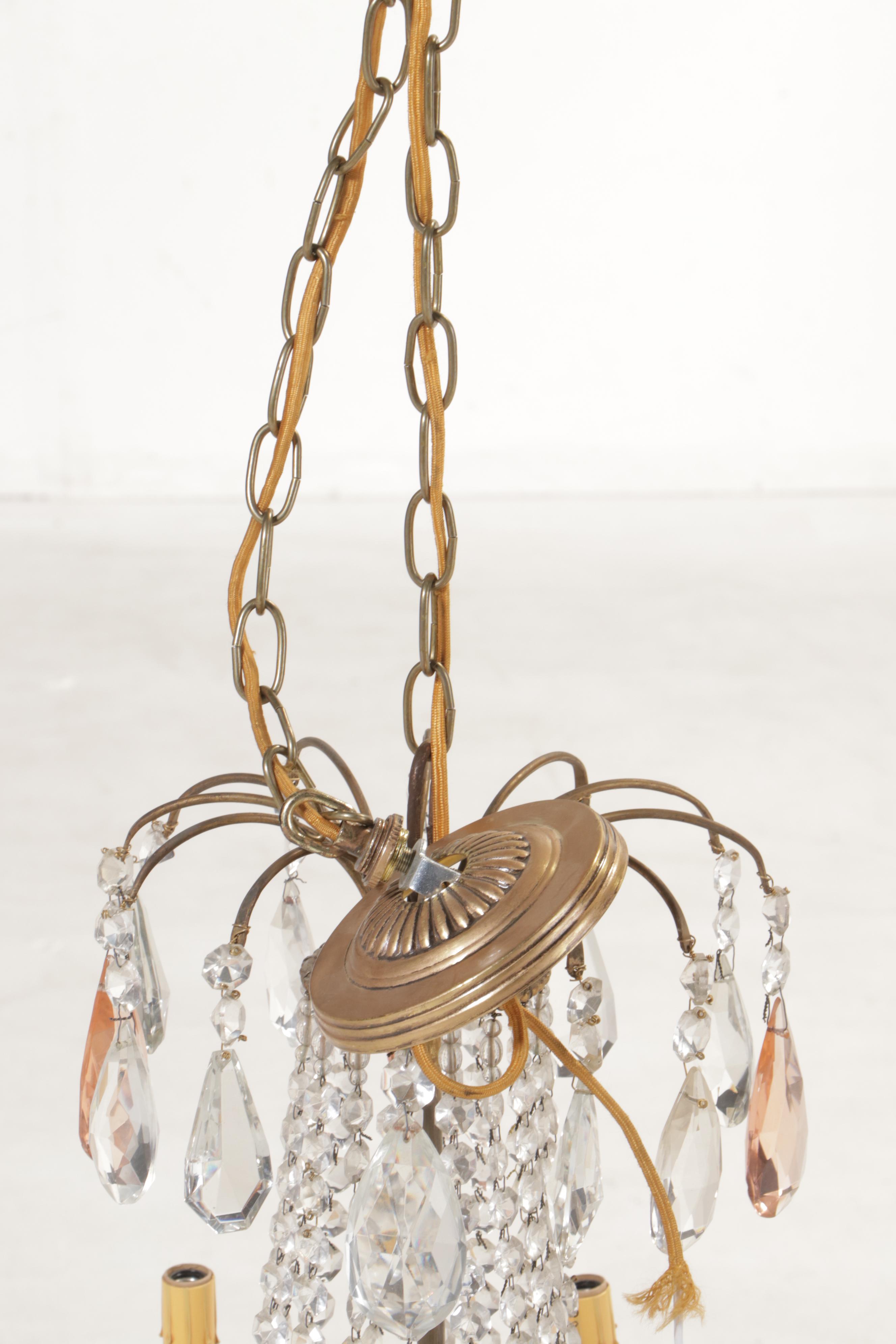 Empire Style Gilt Brass Eight-Arm Glass Bead Chandelier with Crystal Prisms