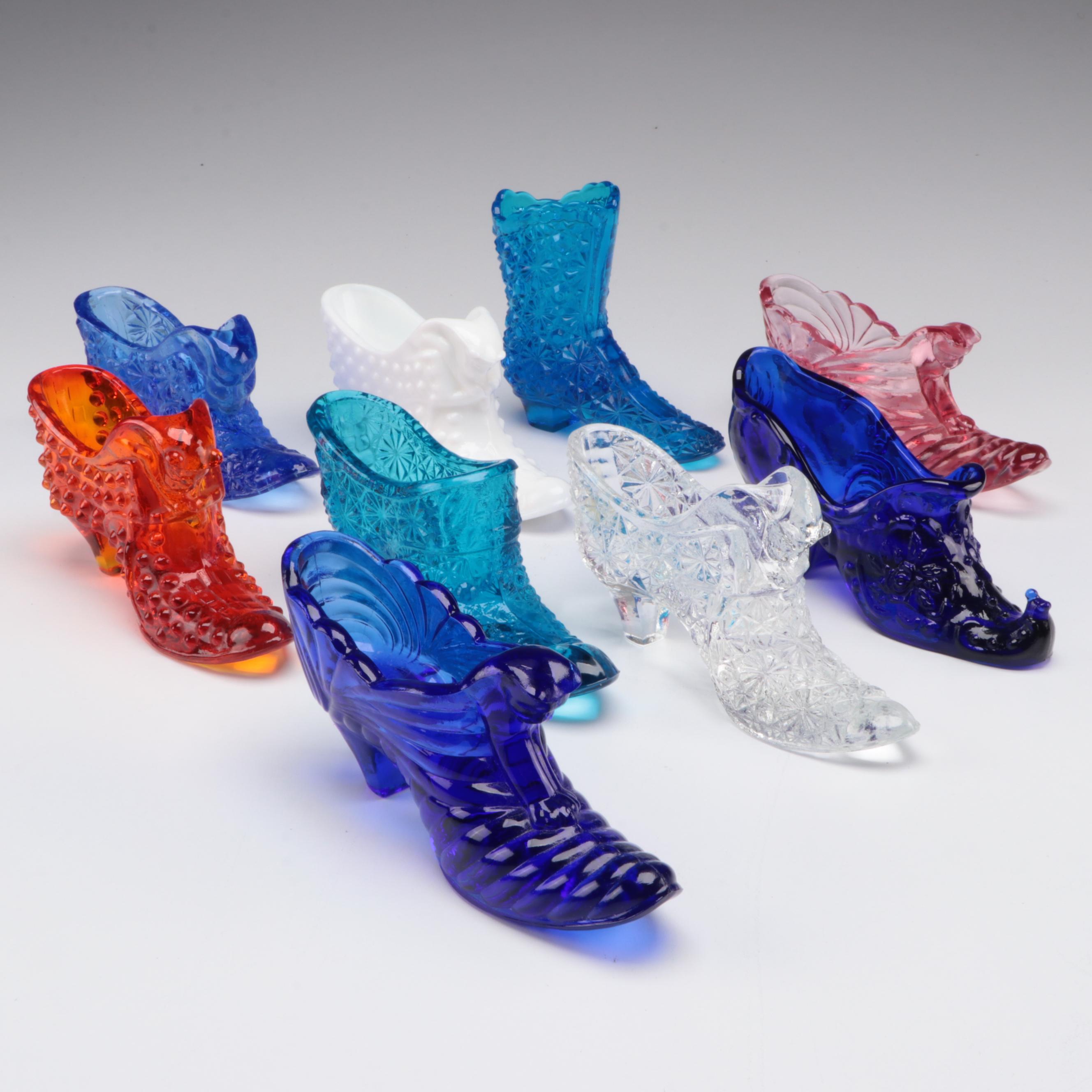 Fenton and Other Pressed Glass Shoes, Mid to Late 20th Century