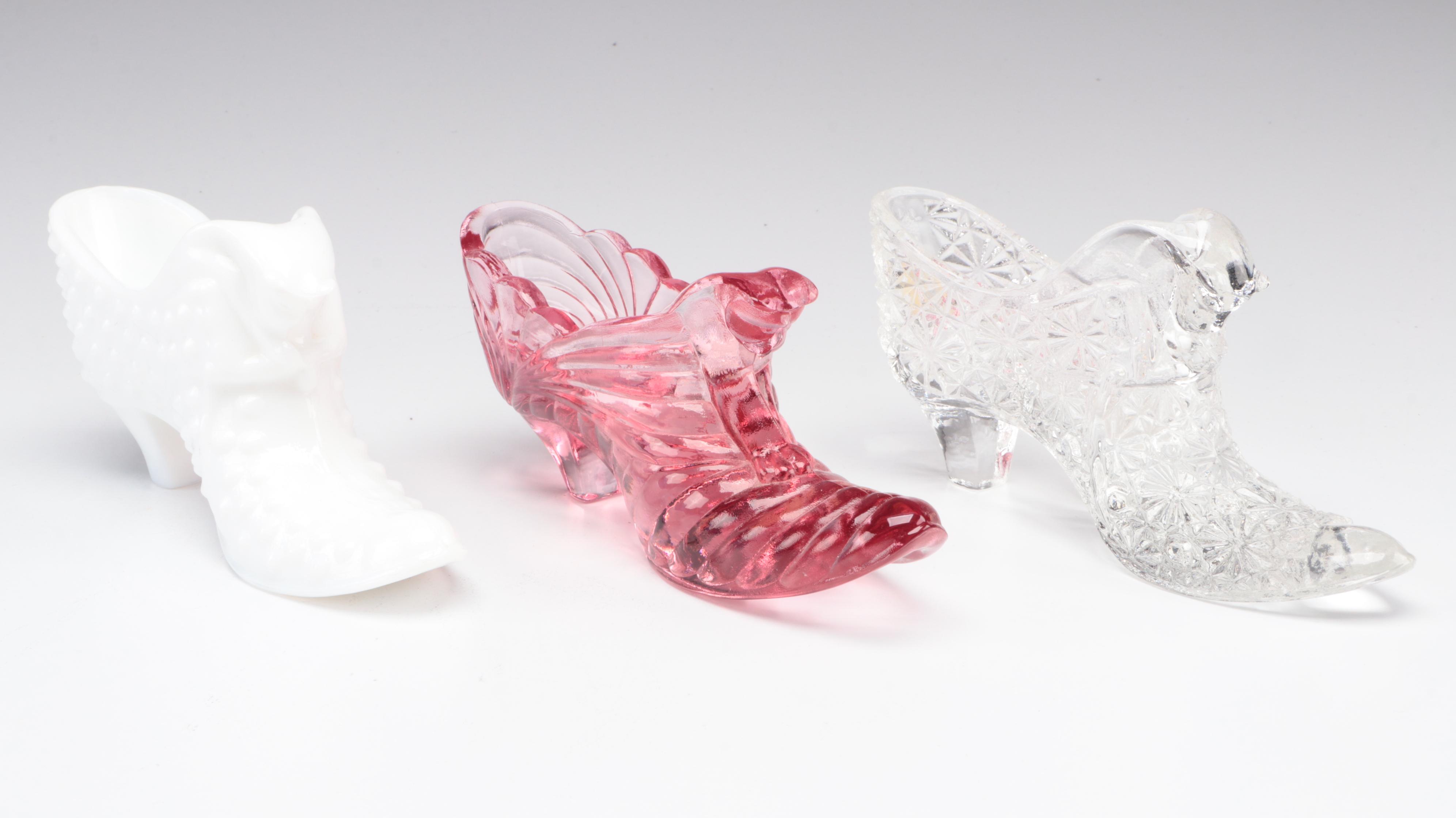 Fenton and Other Pressed Glass Shoes, Mid to Late 20th Century