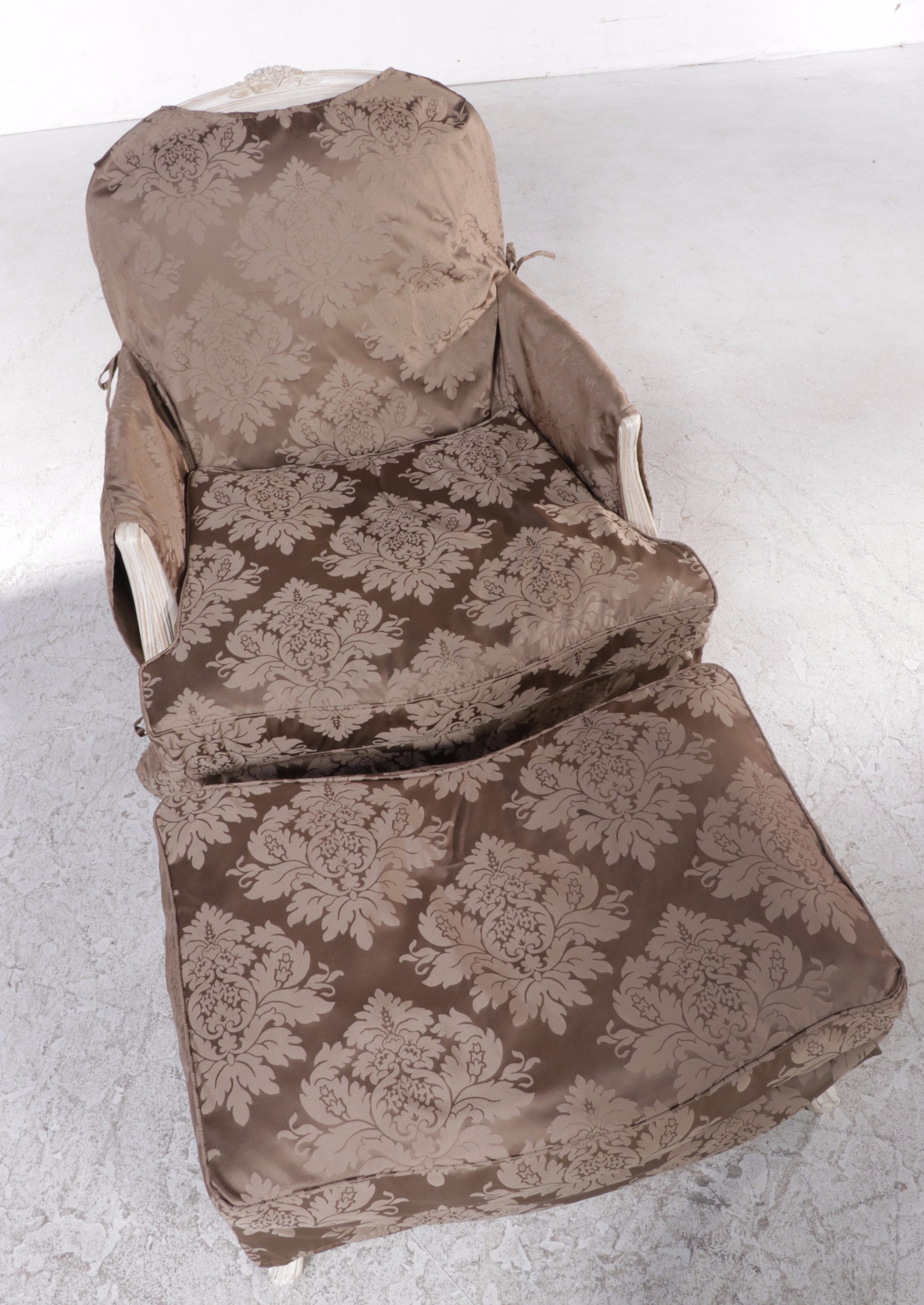 Ethan Allen "Lucia" Damask Slipcovered Bergère and Ottoman