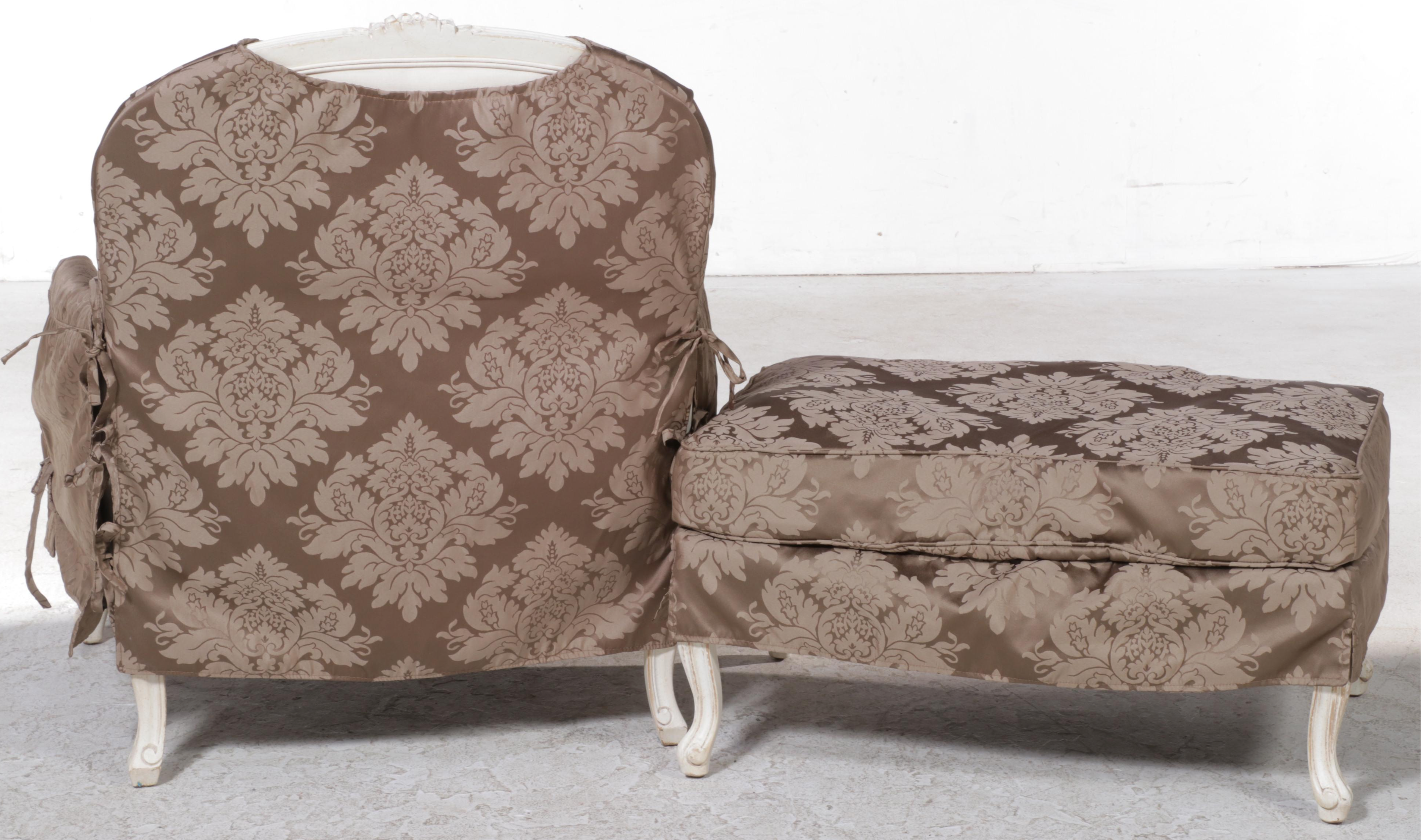 Ethan Allen "Lucia" Damask Slipcovered Bergère and Ottoman