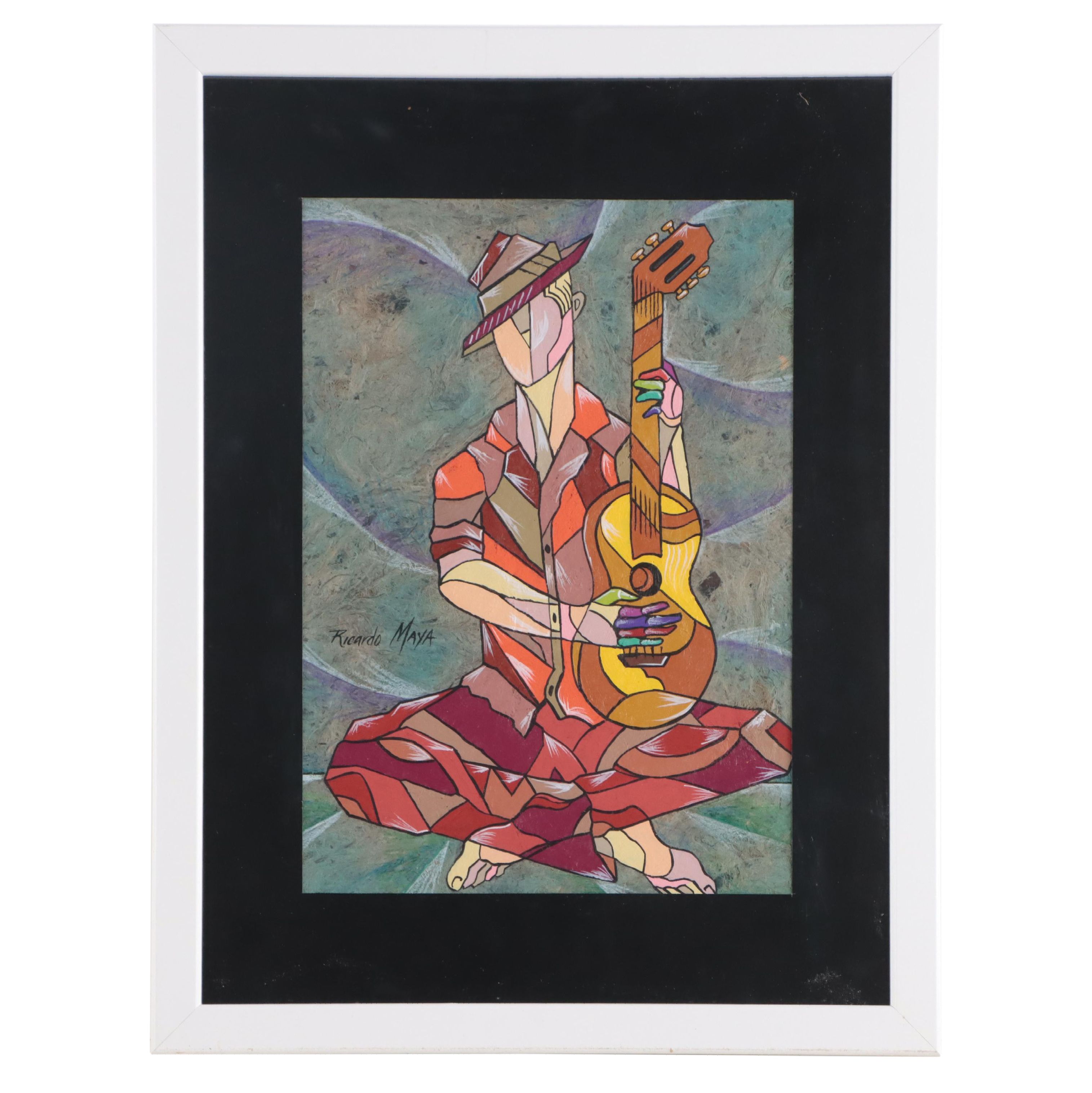 Ricardo Maya Figurative Mixed Media Painting of Musician, 21st Century