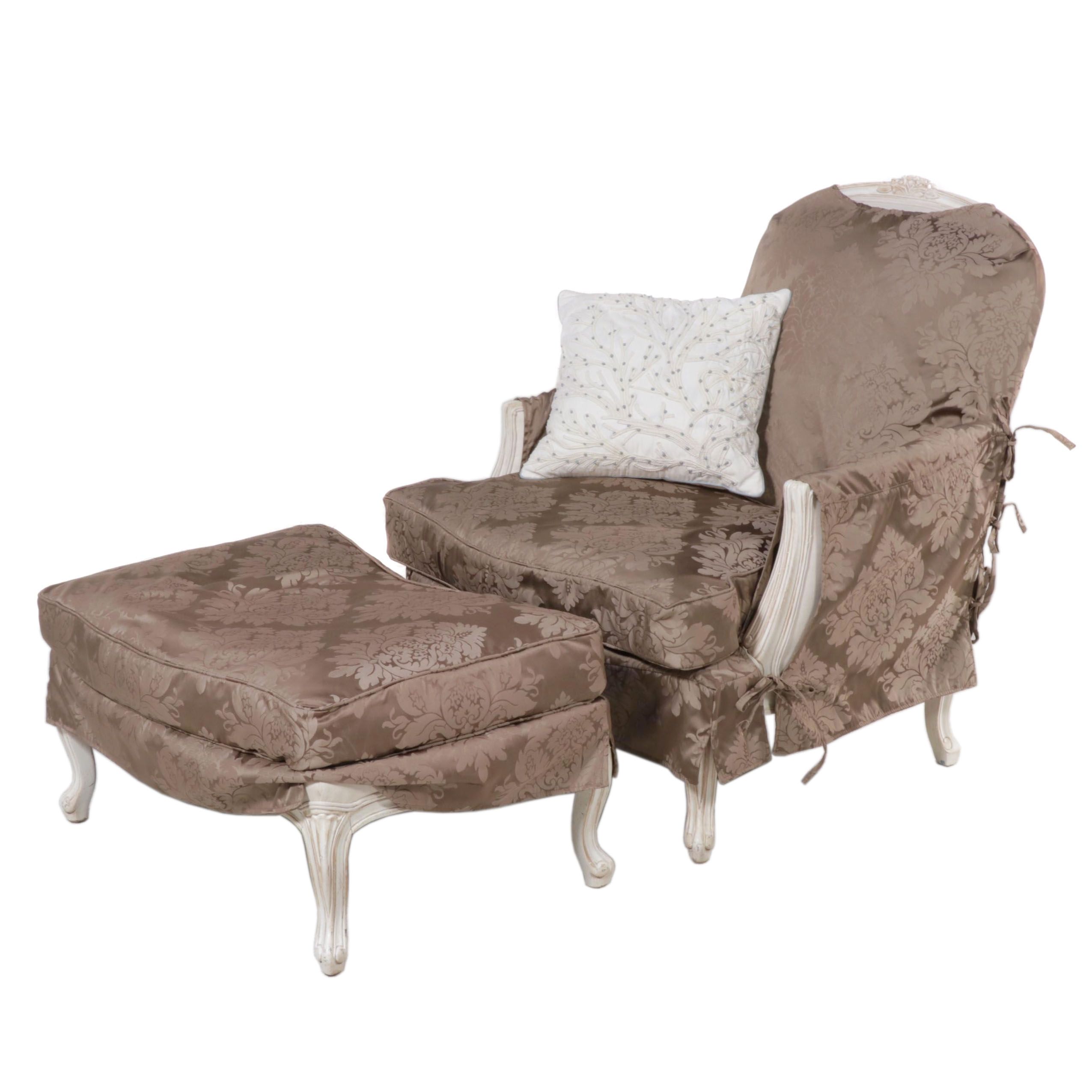 Ethan Allen "Lucia" Damask Slipcovered Bergère and Ottoman