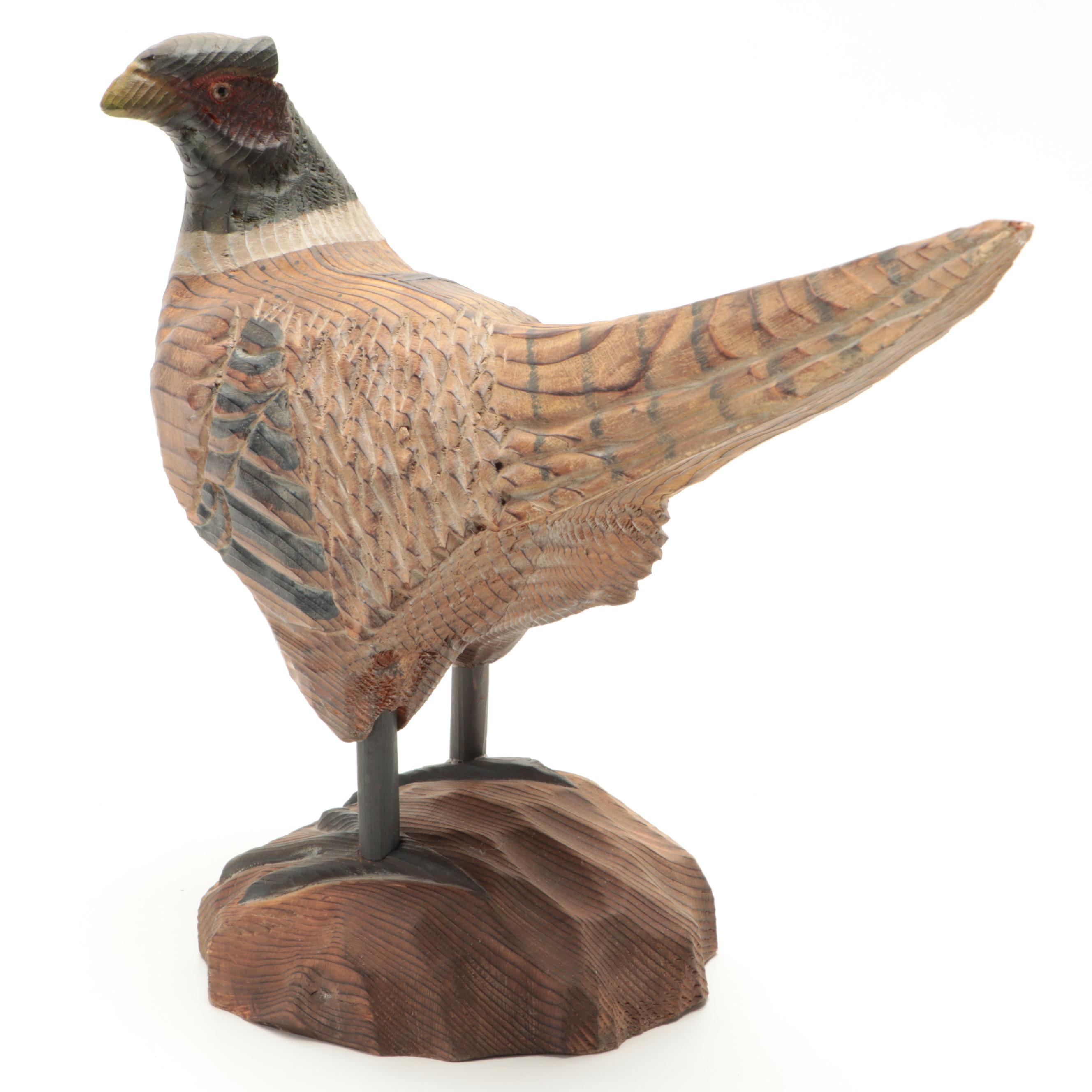 Polychrome Painted Carved Wood Pheasant Figurine