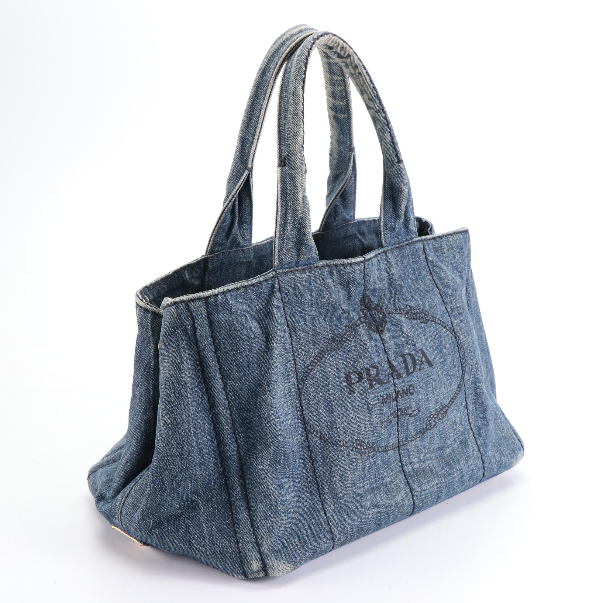 Prada Logo Tote in Blue Faded Denim