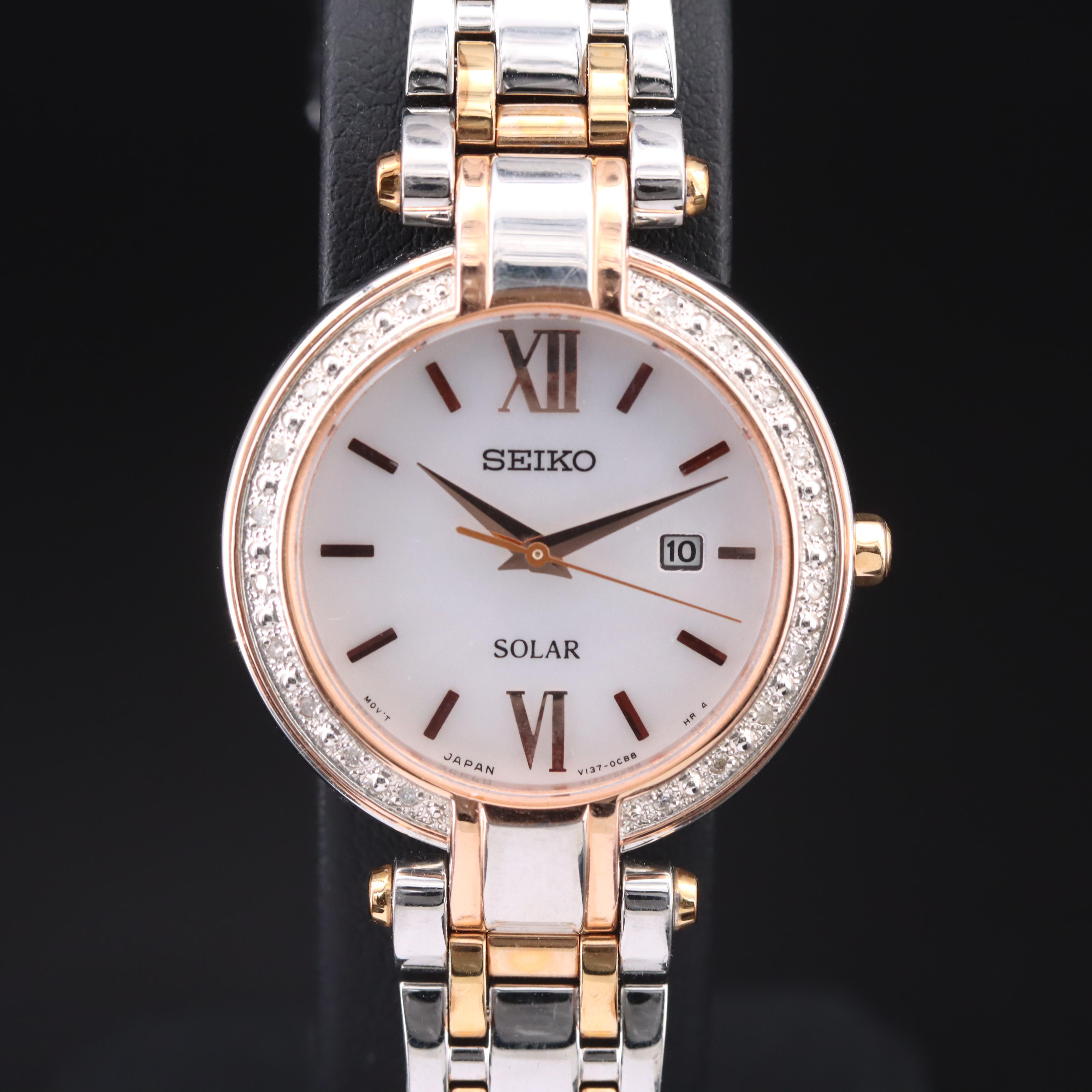 Seiko Solar Diamond and Mother-of-Pearl Dial Watch