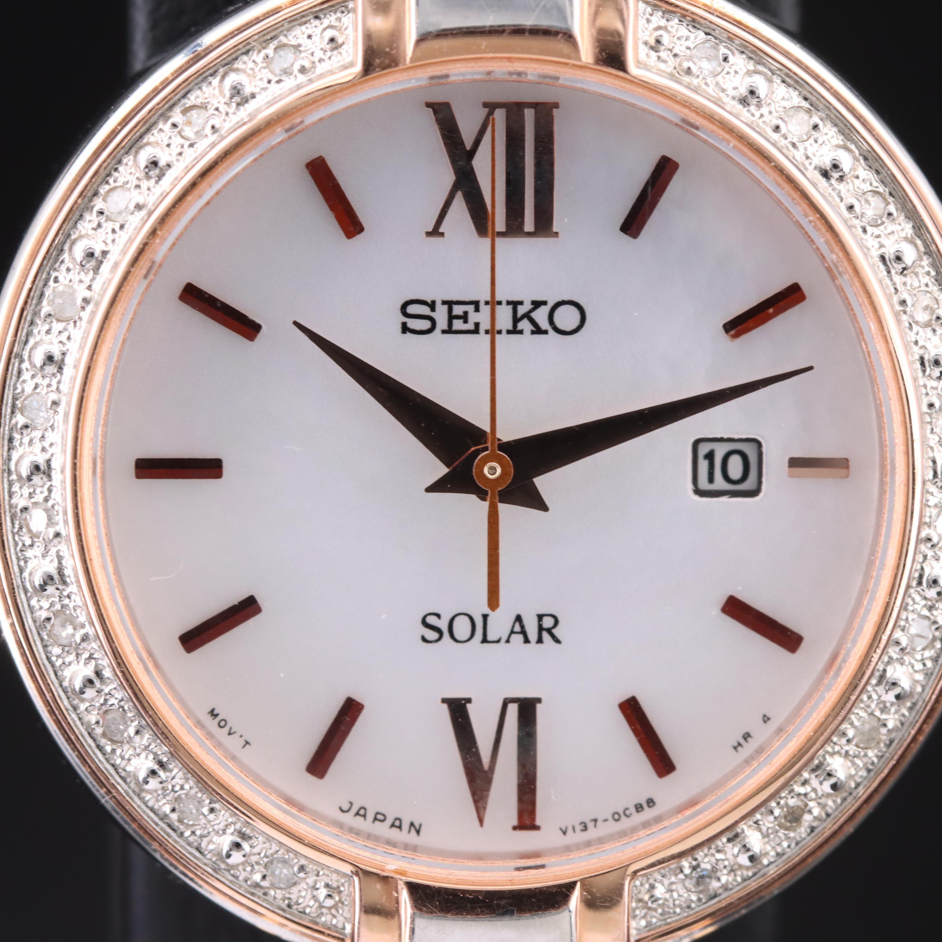 Seiko Solar Diamond and Mother-of-Pearl Dial Watch