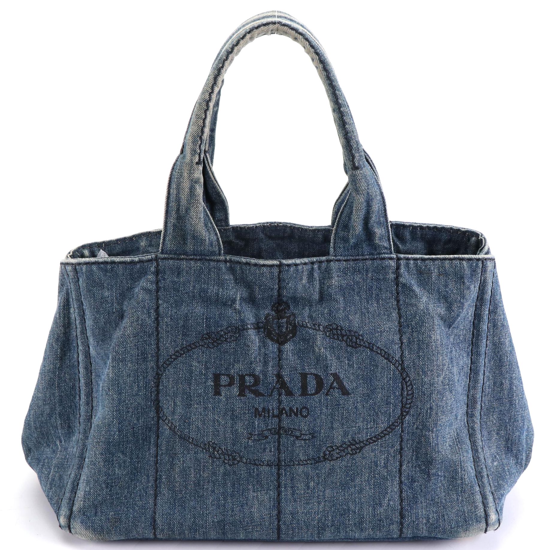 Prada Logo Tote in Blue Faded Denim