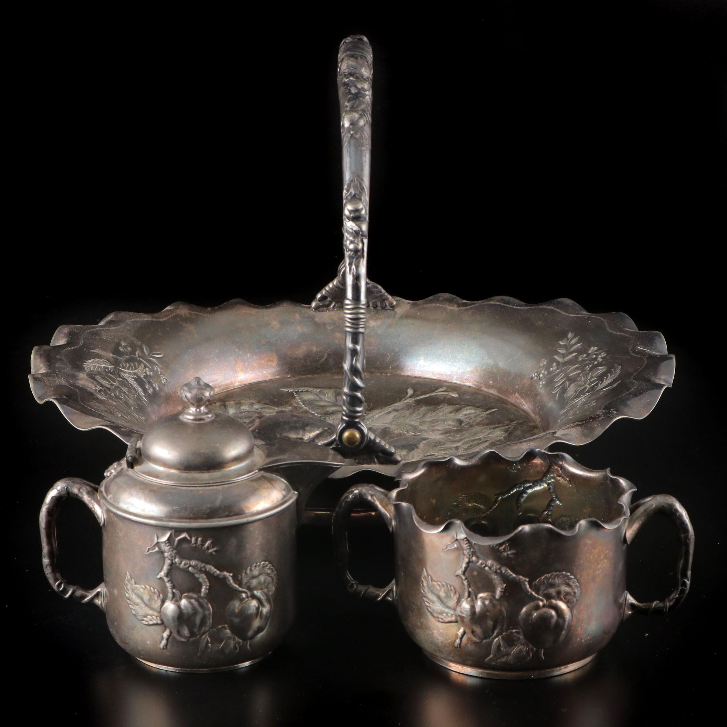 Pairpoint Victorian Repousse Silver Plate Cake Basket, Sugar and Creamer