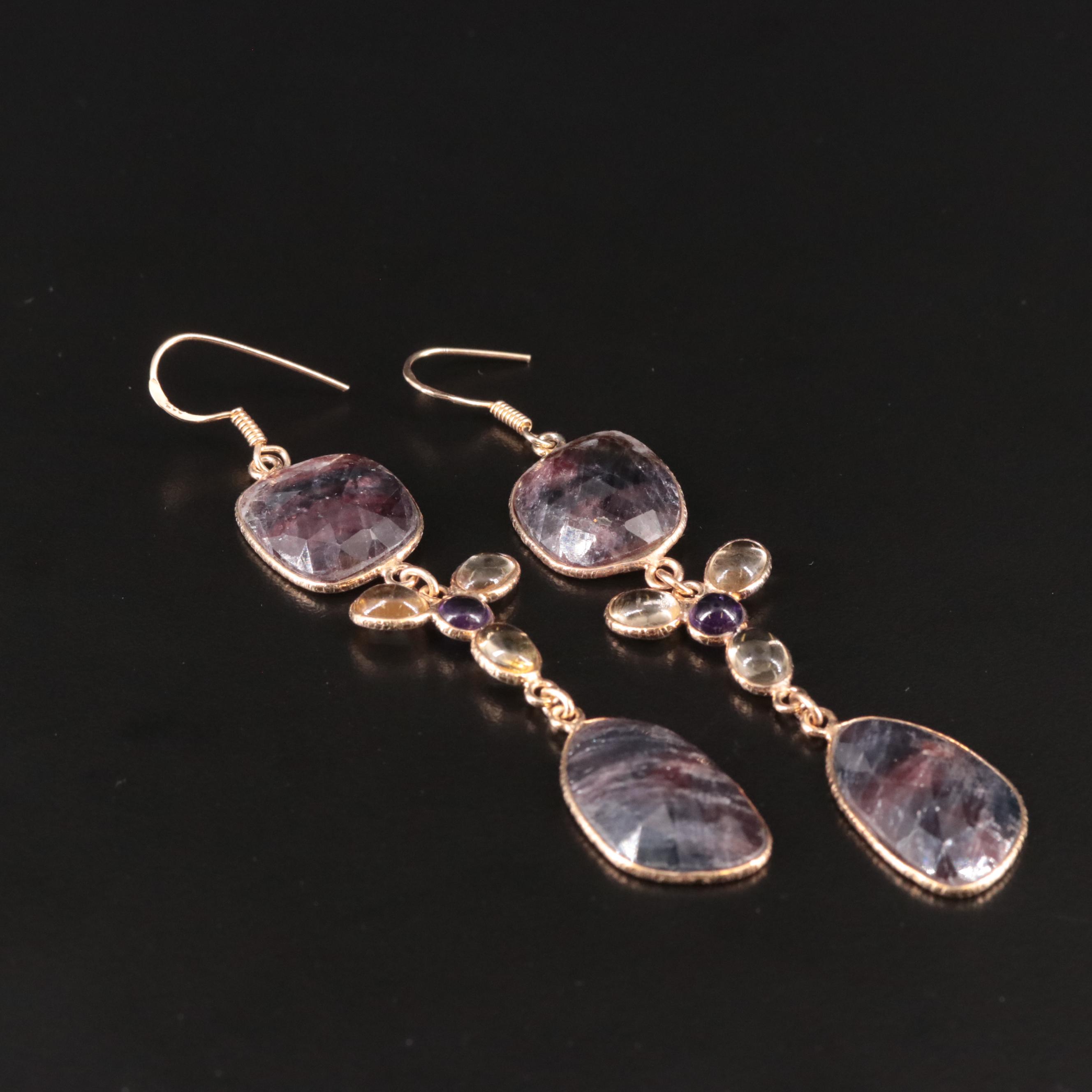 Sterling Citrine and Amethyst Dangle Earrings