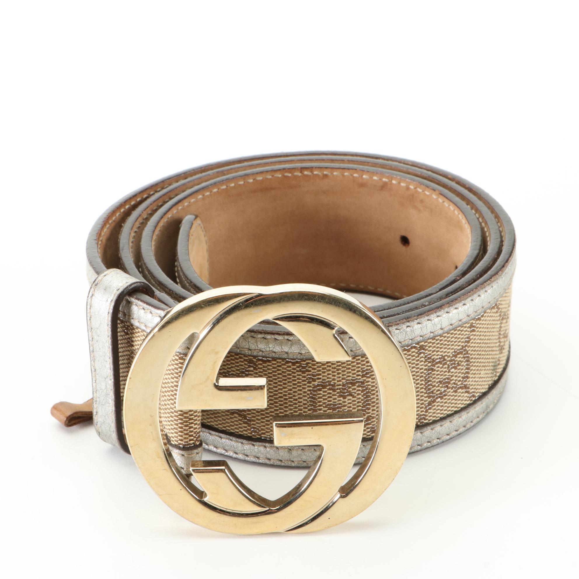 Gucci Belt in GG Canvas and Silver Metallic Leather with Interlocking G Buckle