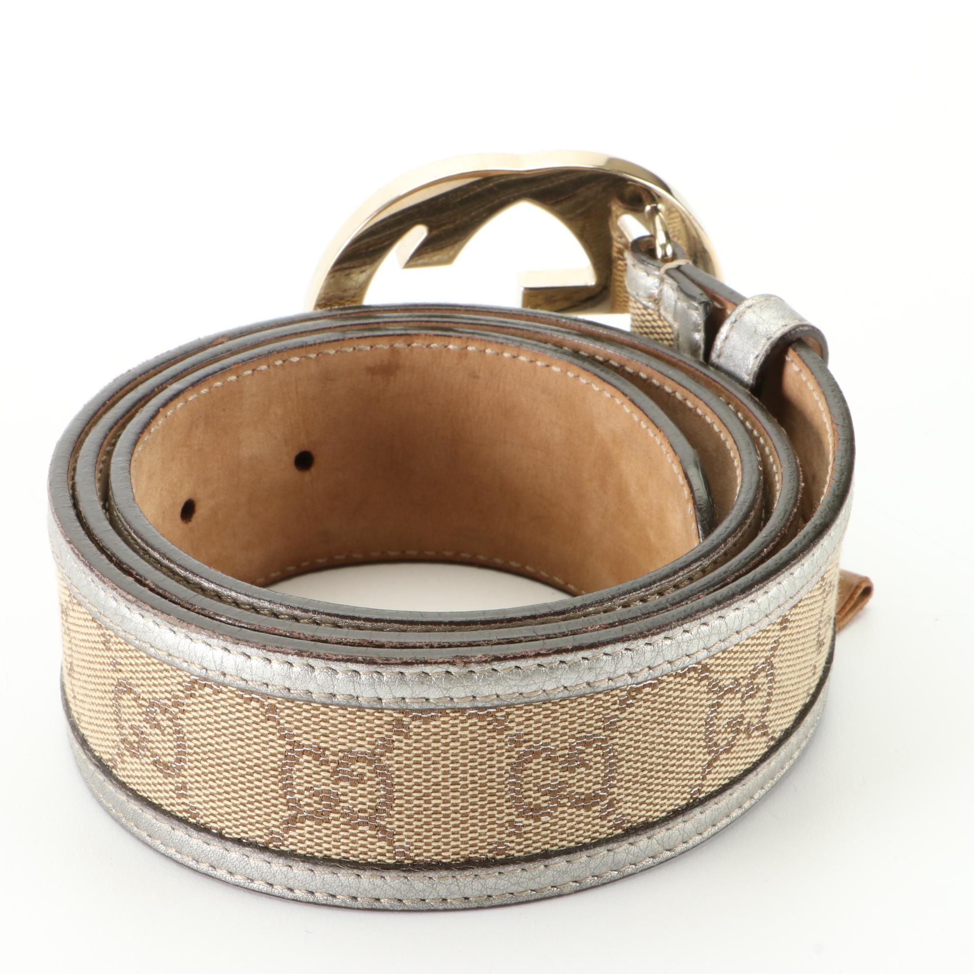 Gucci Belt in GG Canvas and Silver Metallic Leather with Interlocking G Buckle