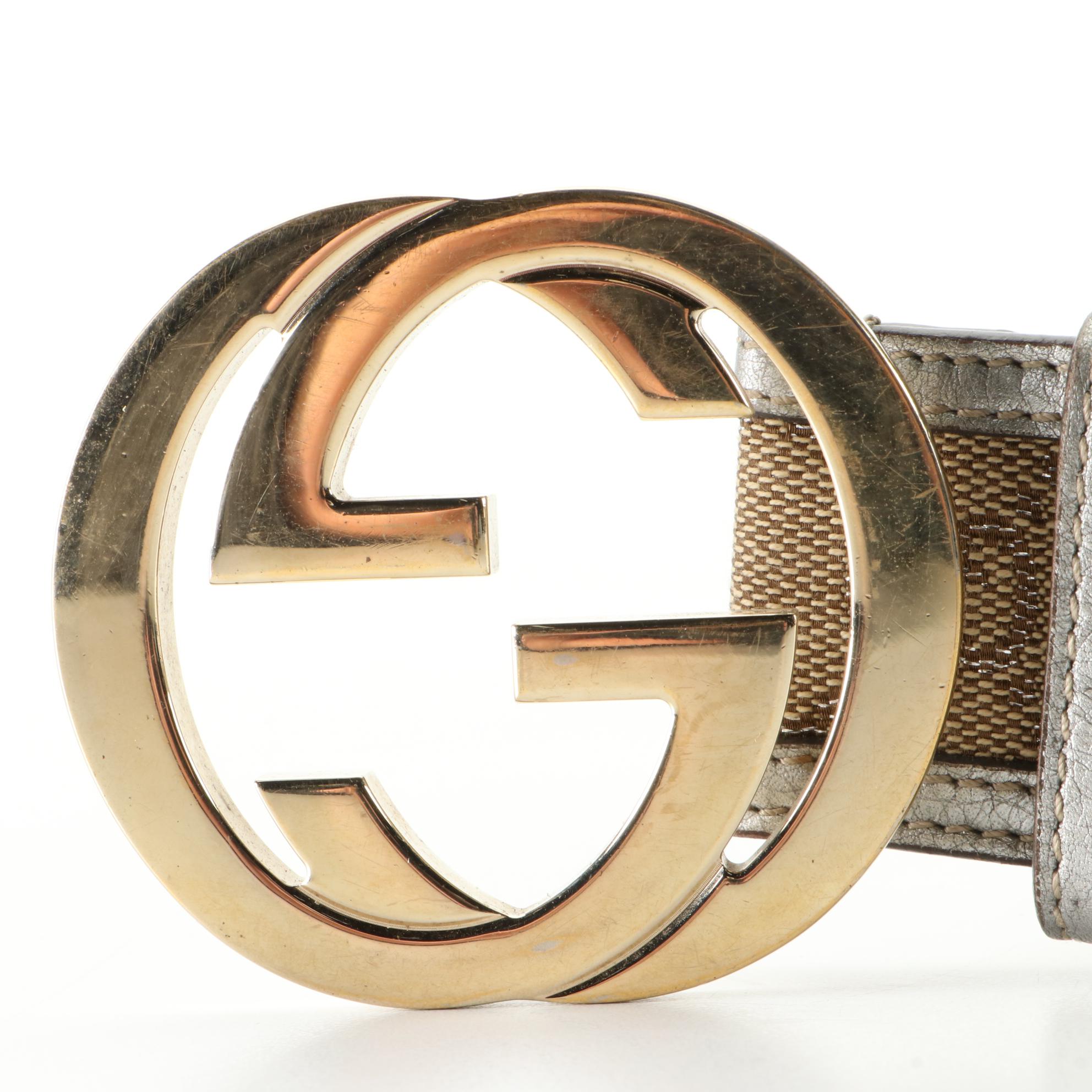 Gucci Belt in GG Canvas and Silver Metallic Leather with Interlocking G Buckle