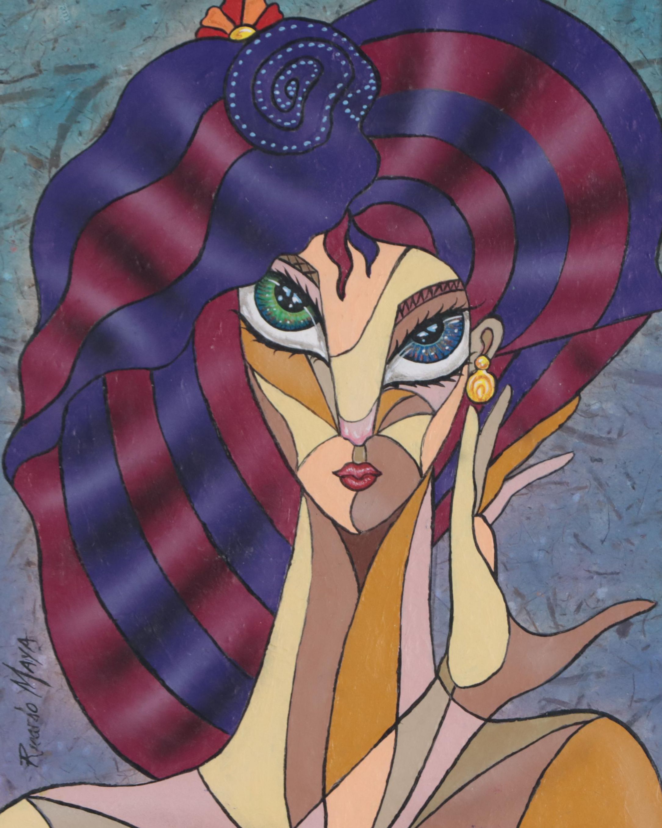 Ricardo Maya Portrait Mixed Media Painting, 21st Century