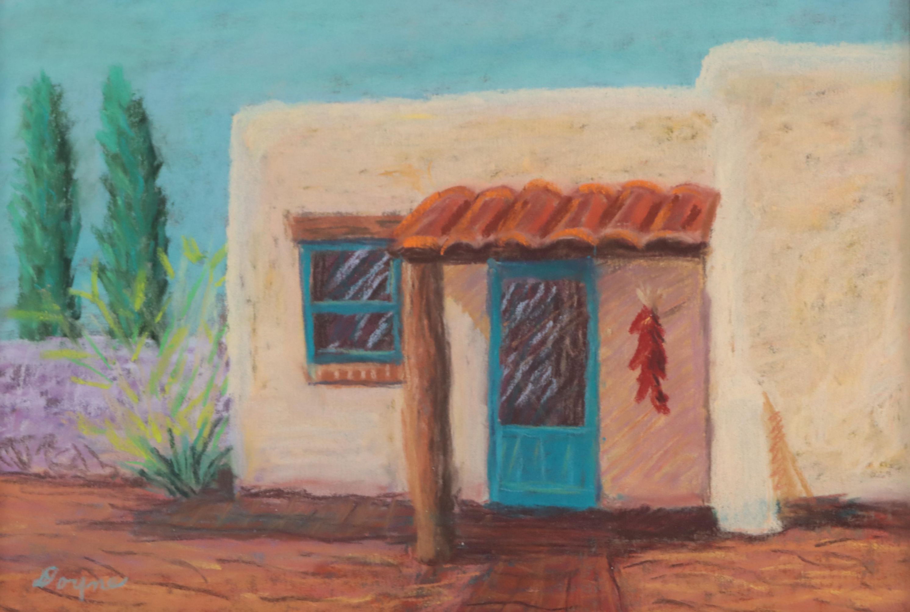 Doyne Southwest Adobe Dwelling Landscape Pastel Drawing