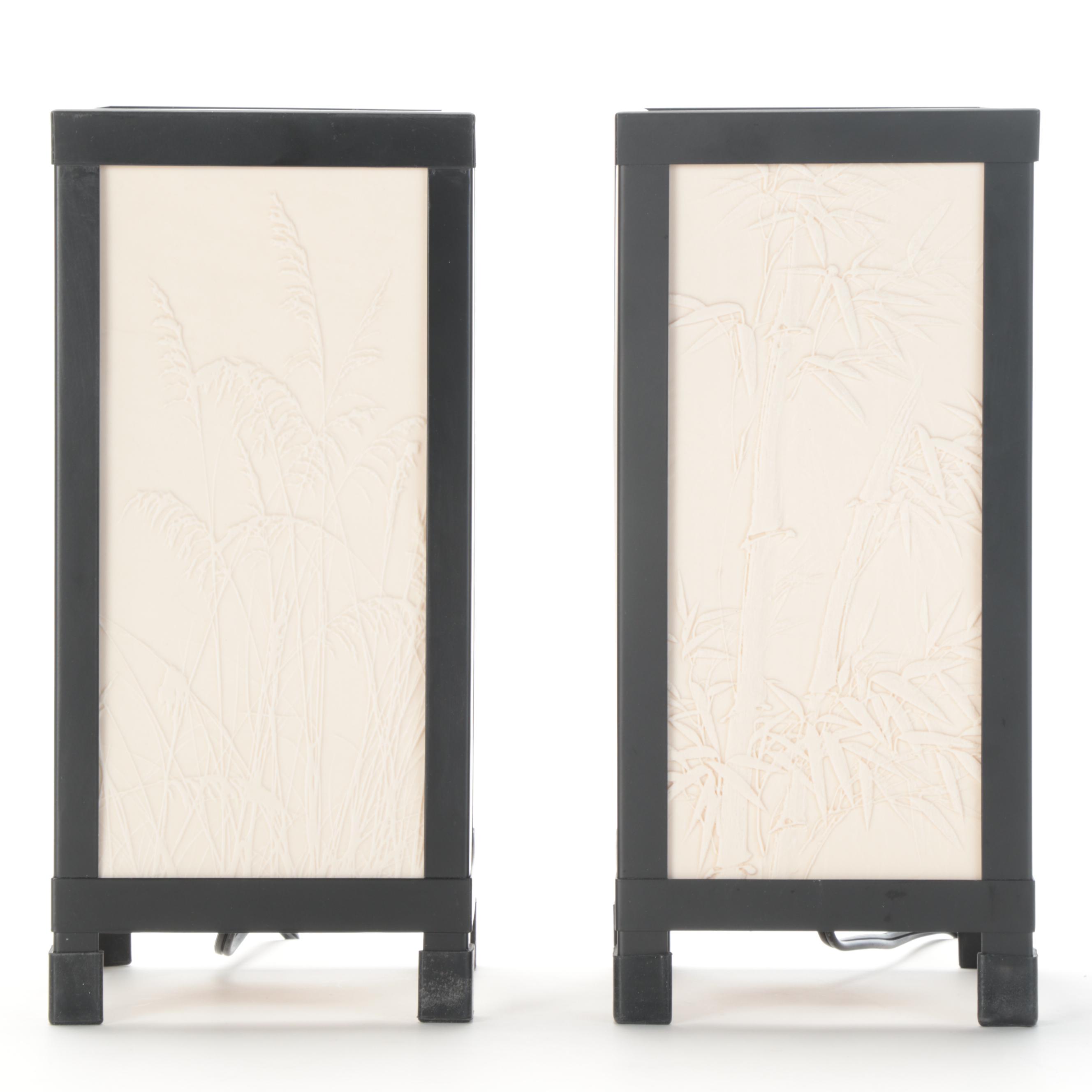 Pair of Contemporary Lithophane Type Lamps with Bamboo and Grass Panels