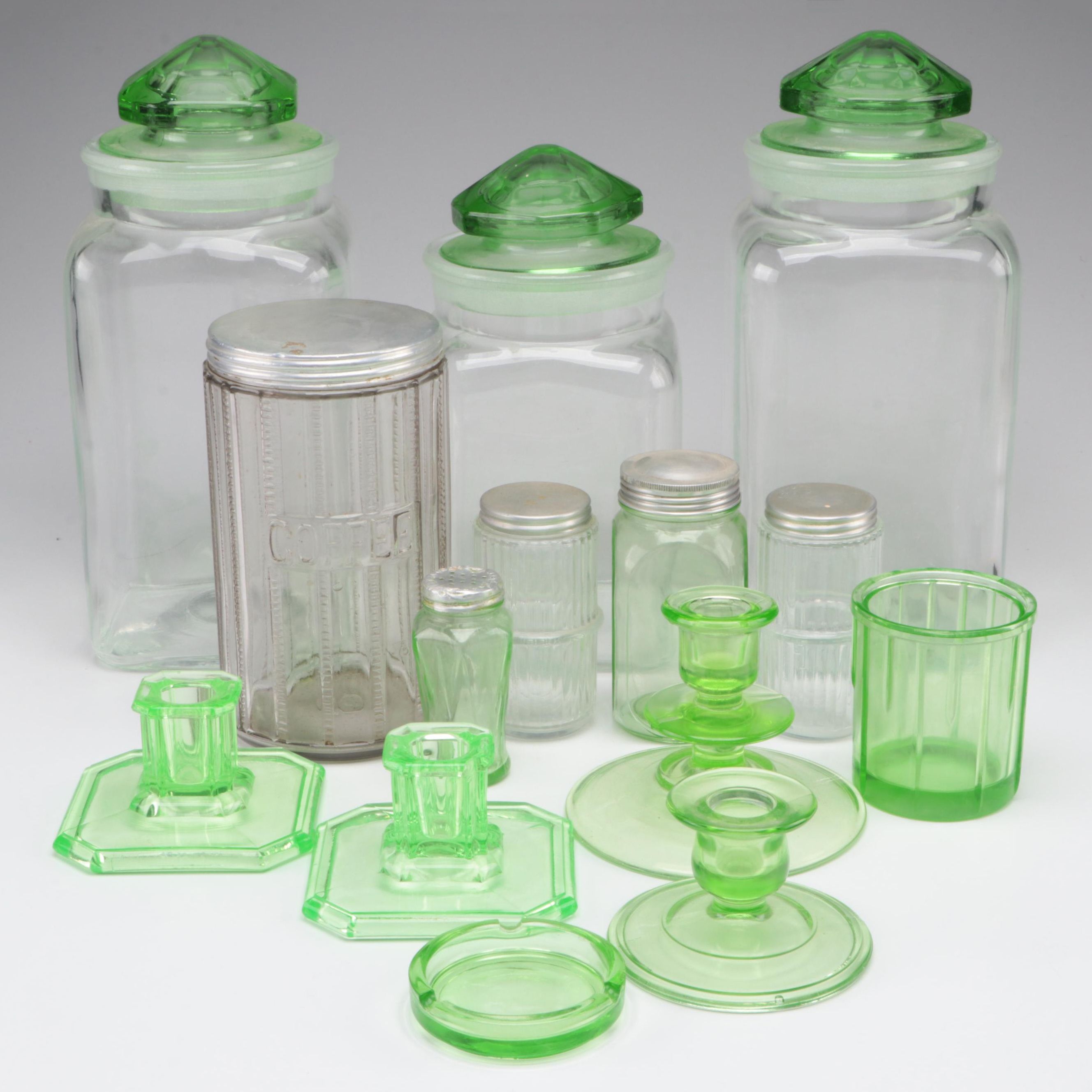 Hazel Atlas with Other Uranium and Clear Glass Canisters and Tableware