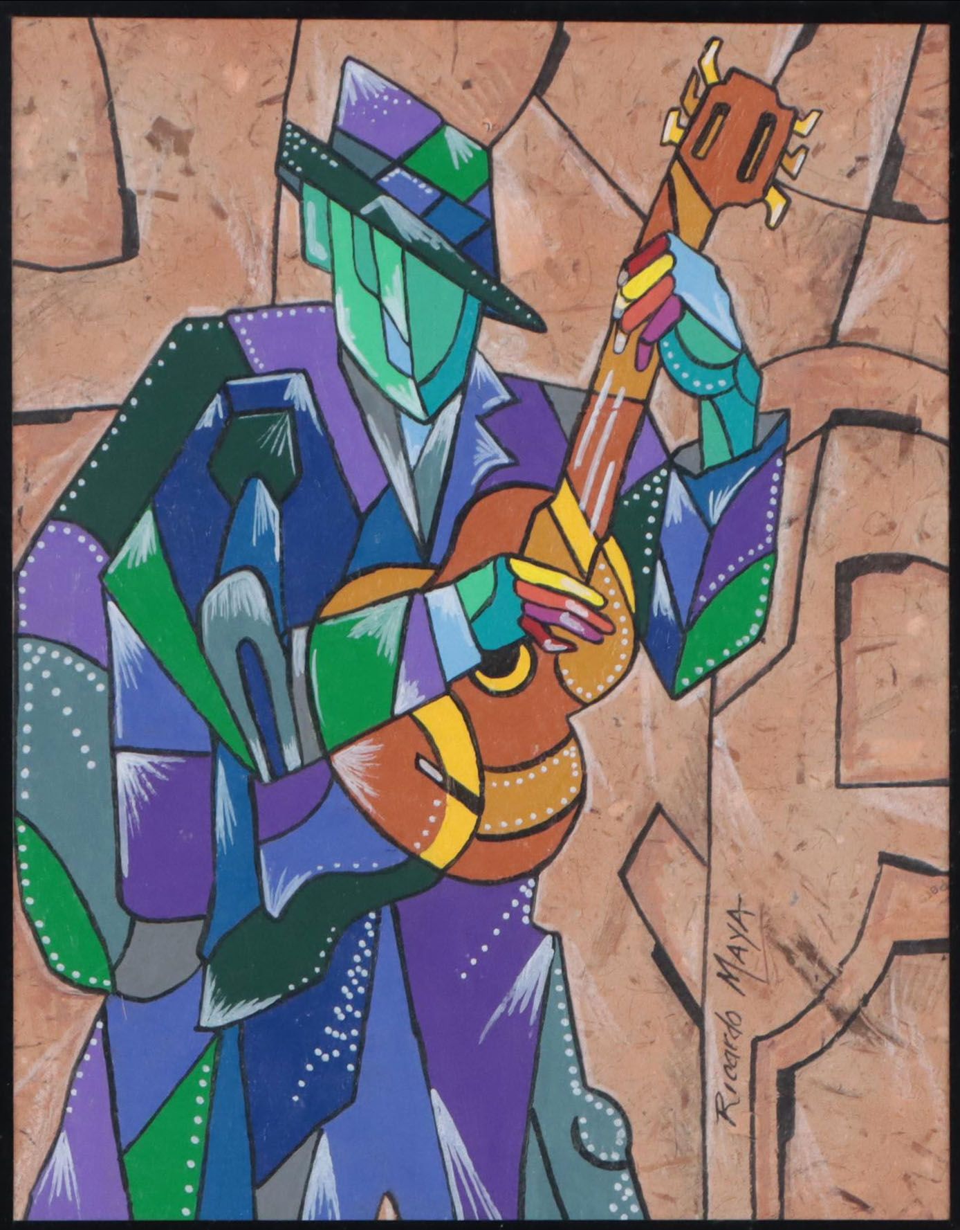 Ricardo Maya Figurative Mixed Media Painting of Musician, 21st Century