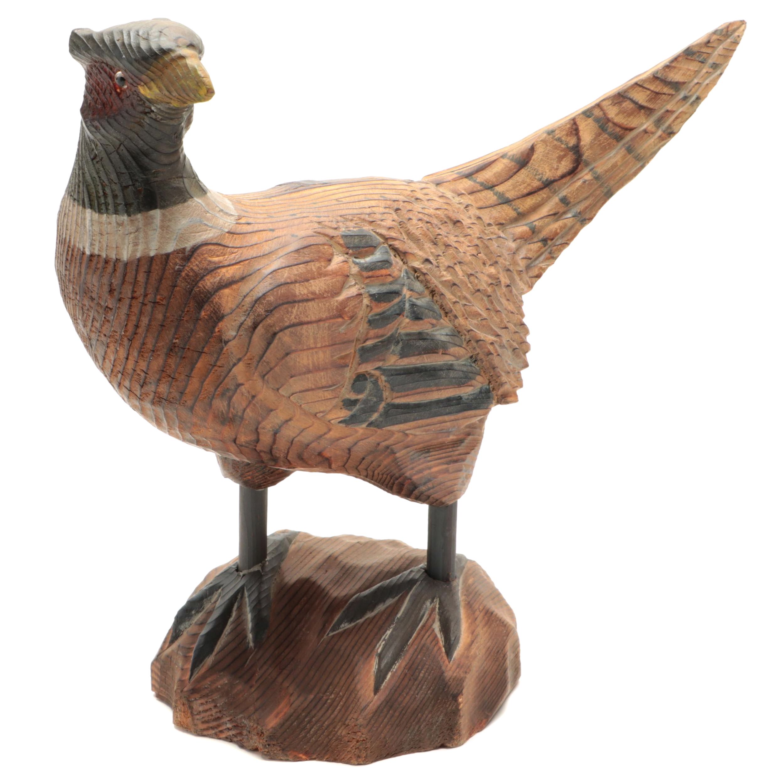 Polychrome Painted Carved Wood Pheasant Figurine