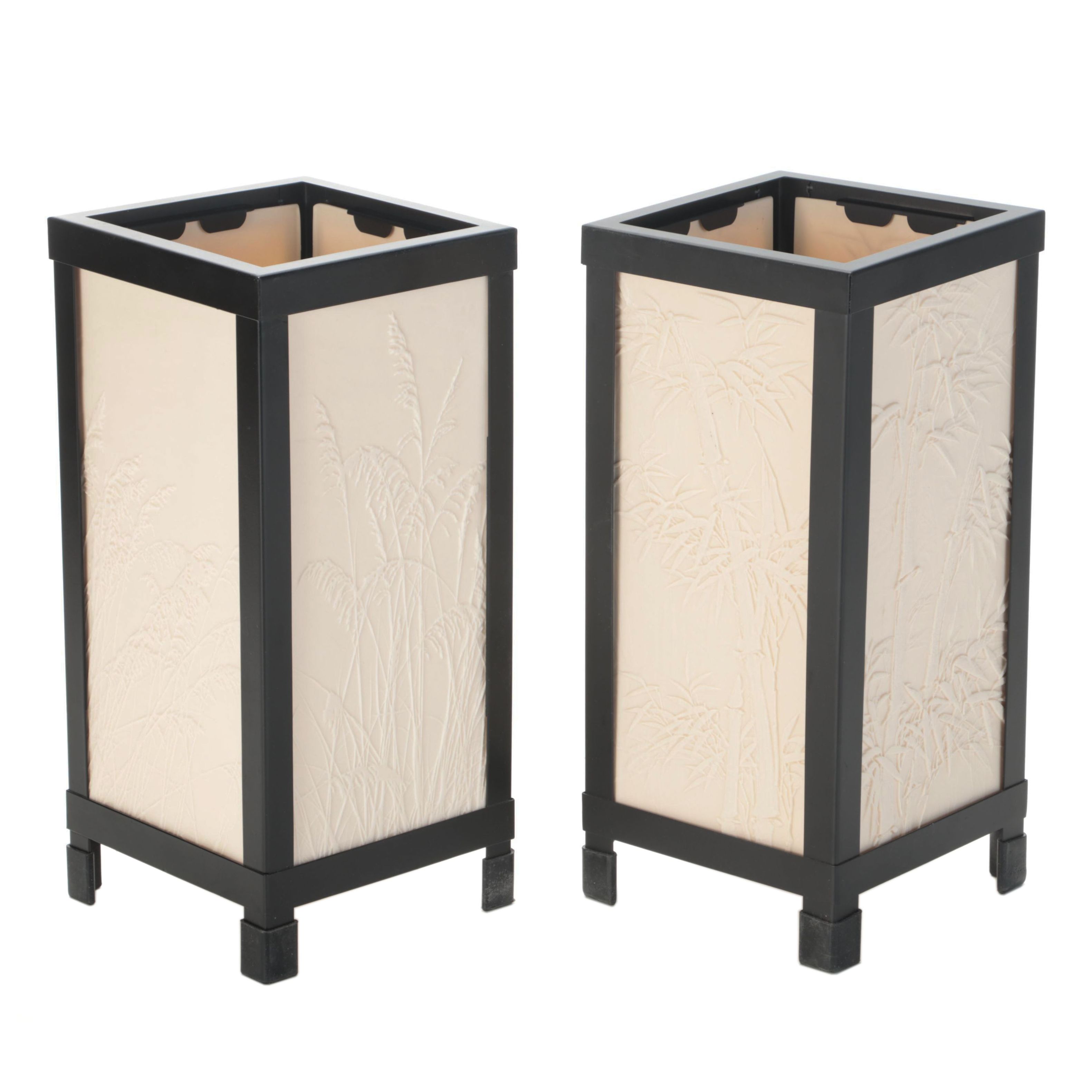 Pair of Contemporary Lithophane Type Lamps with Bamboo and Grass Panels