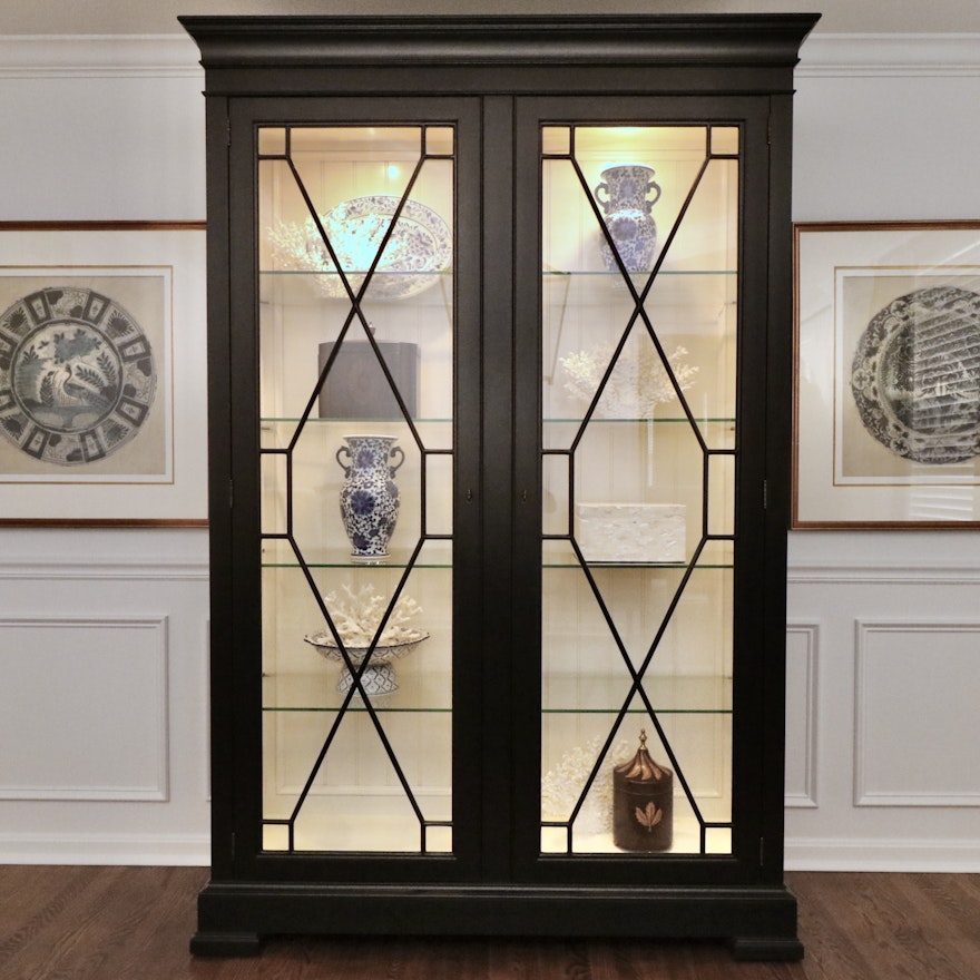 Ethan Allen "Birkhouse" Black Satin Display Cabinet with White Lacquer Interior