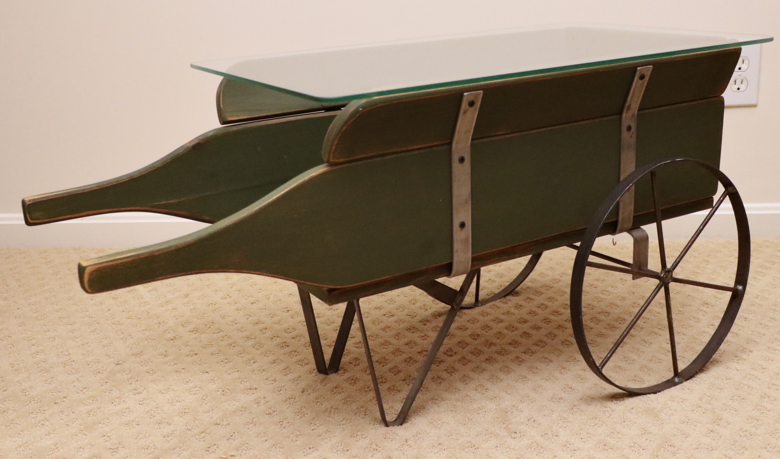Burled Maple Seat Low-Back Chair and Painted Wheelbarrow Coffee Table