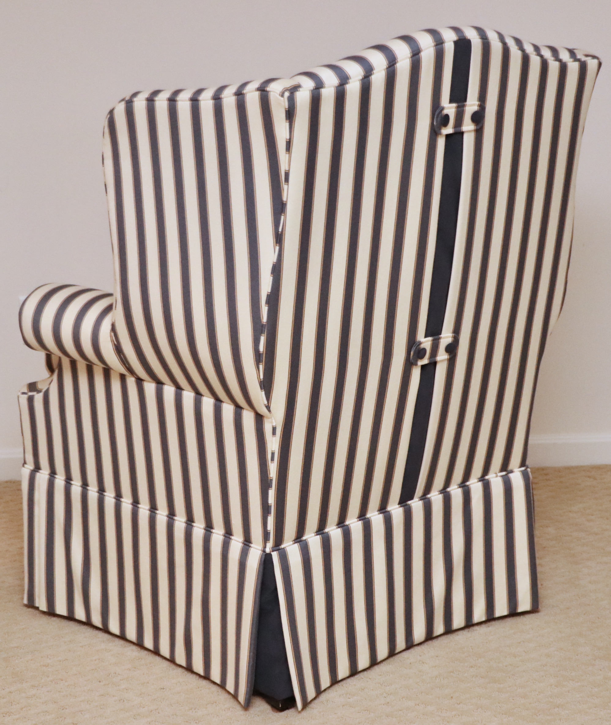 Ethan Allen Ticking Stripe Upholstered Wingback Armchair