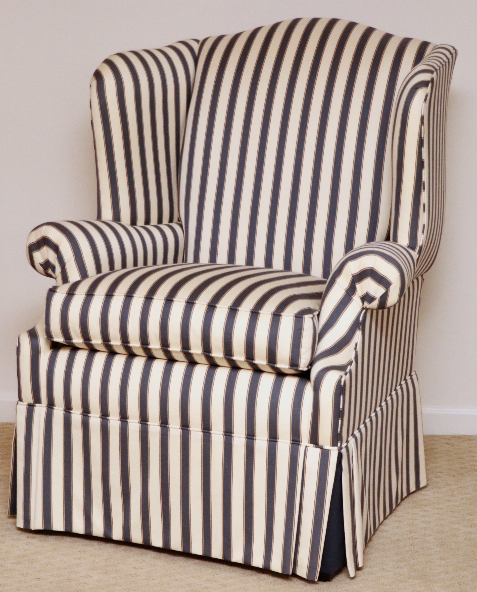 Ethan Allen Ticking Stripe Upholstered Wingback Armchair